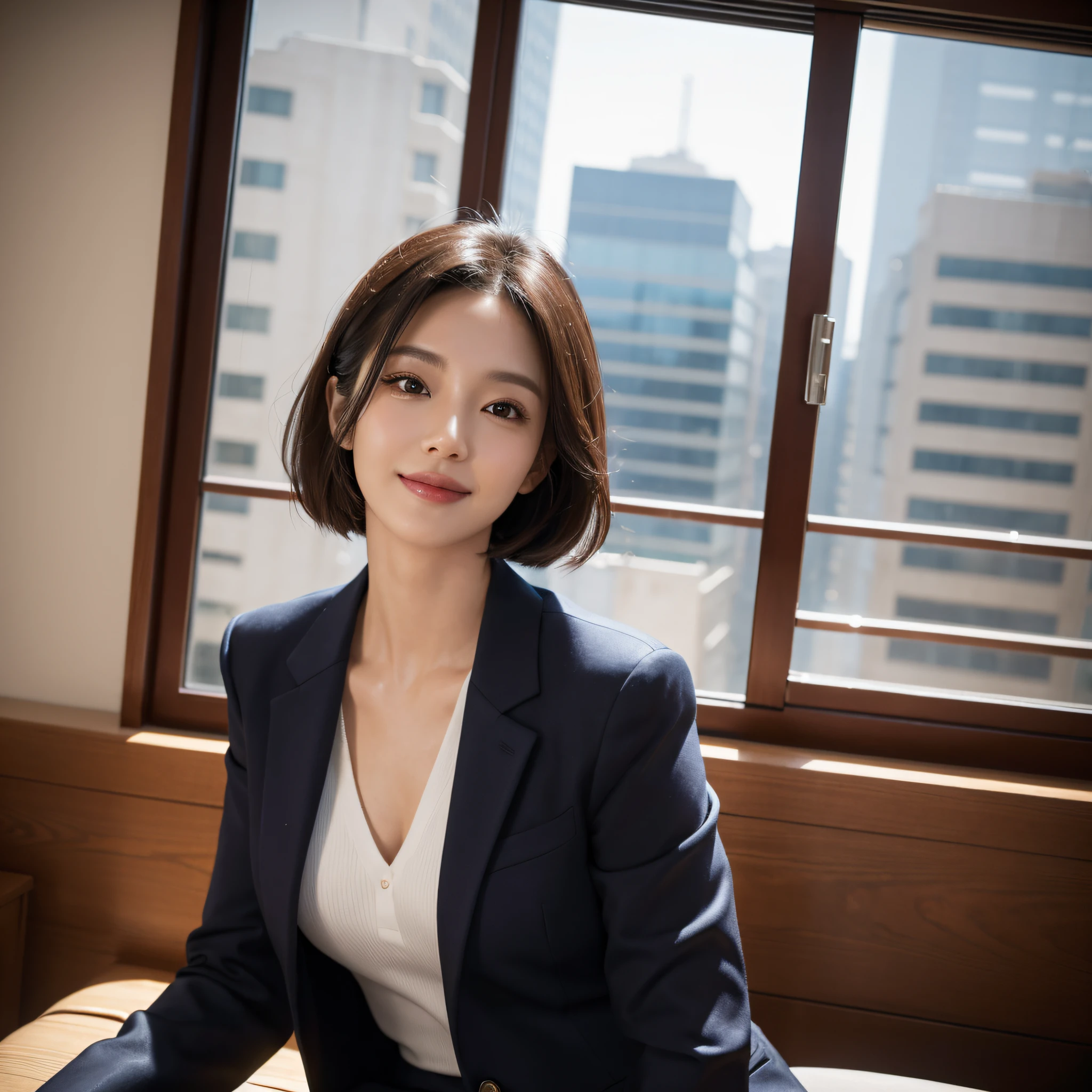One super beautiful woman、((best qualtiy、8k masterpieces:1.3))、foco nítido:1.2、(ultra beautiful faces:1.0)、(shinny skin:1.0)、photos realistic、A dark-haired、Video Lighting、High-definition eyes and face、Japan Idol Actress、from the front side、medium breasts、Smile、Slender Abs Beauty、Whole body、wears a suit、wearing a shirts、In the office