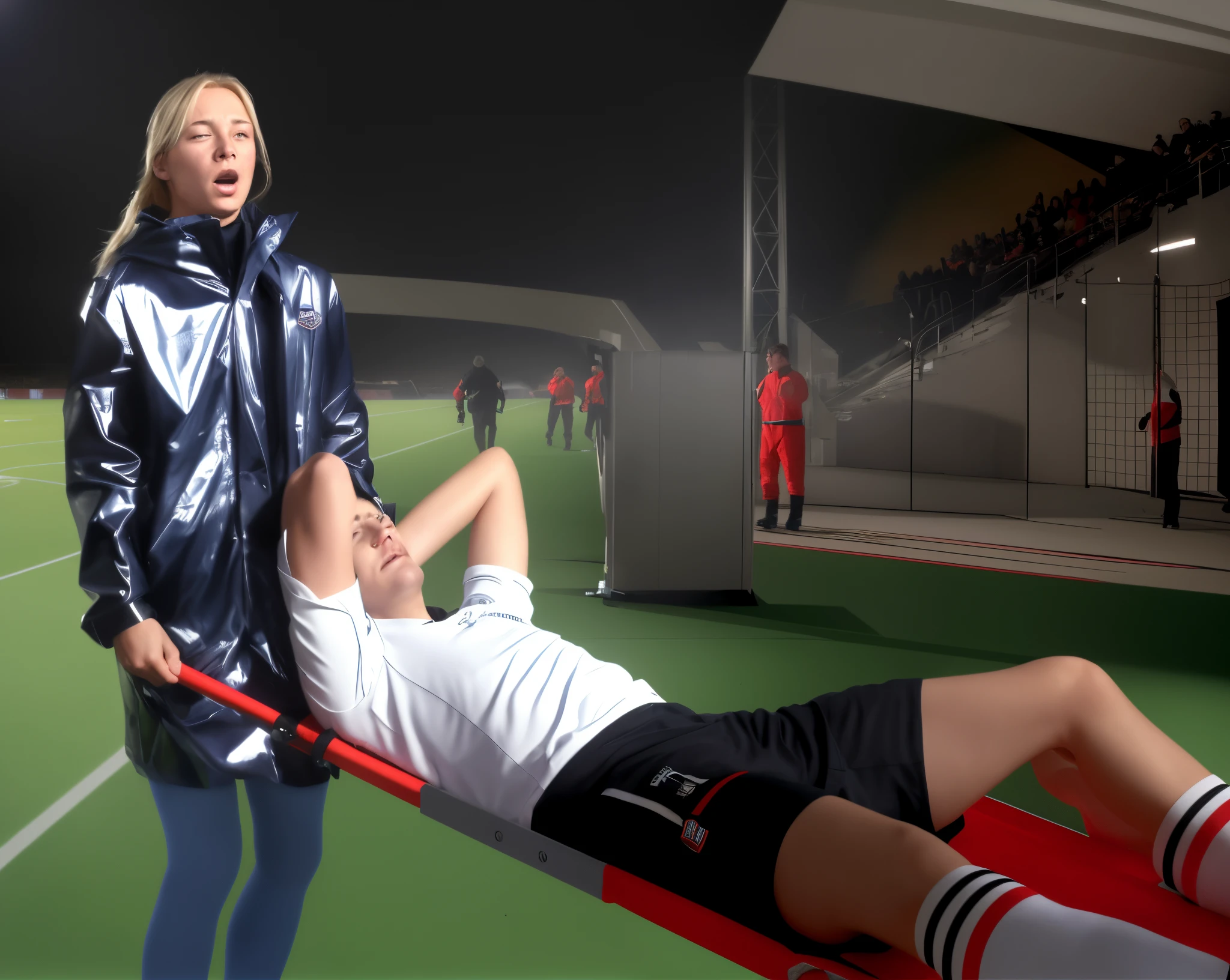 Photography of an injured sportsman on a stretcher being carried by a longhaired blond woman in a long black down coat, a young male soccer player in short sportswear is lying on his back on a stretcher and is grabbing his shin with his hands, hyperralistic, very realistic, ultrarealistic photorealistic, pgoto, photoreal, a young woman is wearing a high shine black downcoat and is holding a stretcher inside a sports stadium, a young madeup blond woman in a high-shine padded coat is shouting out for help and has a very sad and furious expression in her face, a sportsman is lying on a stretcher and has a very painful and suffering face, a young sportsman on a stretcher with a very painful expression in his face, dramatic action pose, sports accident, injury scene, theatralic pity pose, pity pityful, pain, a sportsman is lying on a stretcher and is crying in pain, a young madeup woman in a shiny coat is carrying a man on a stretcher inside a sports stadium, sports scene, stadium, very shiny vinyl quality on a woman's coat
