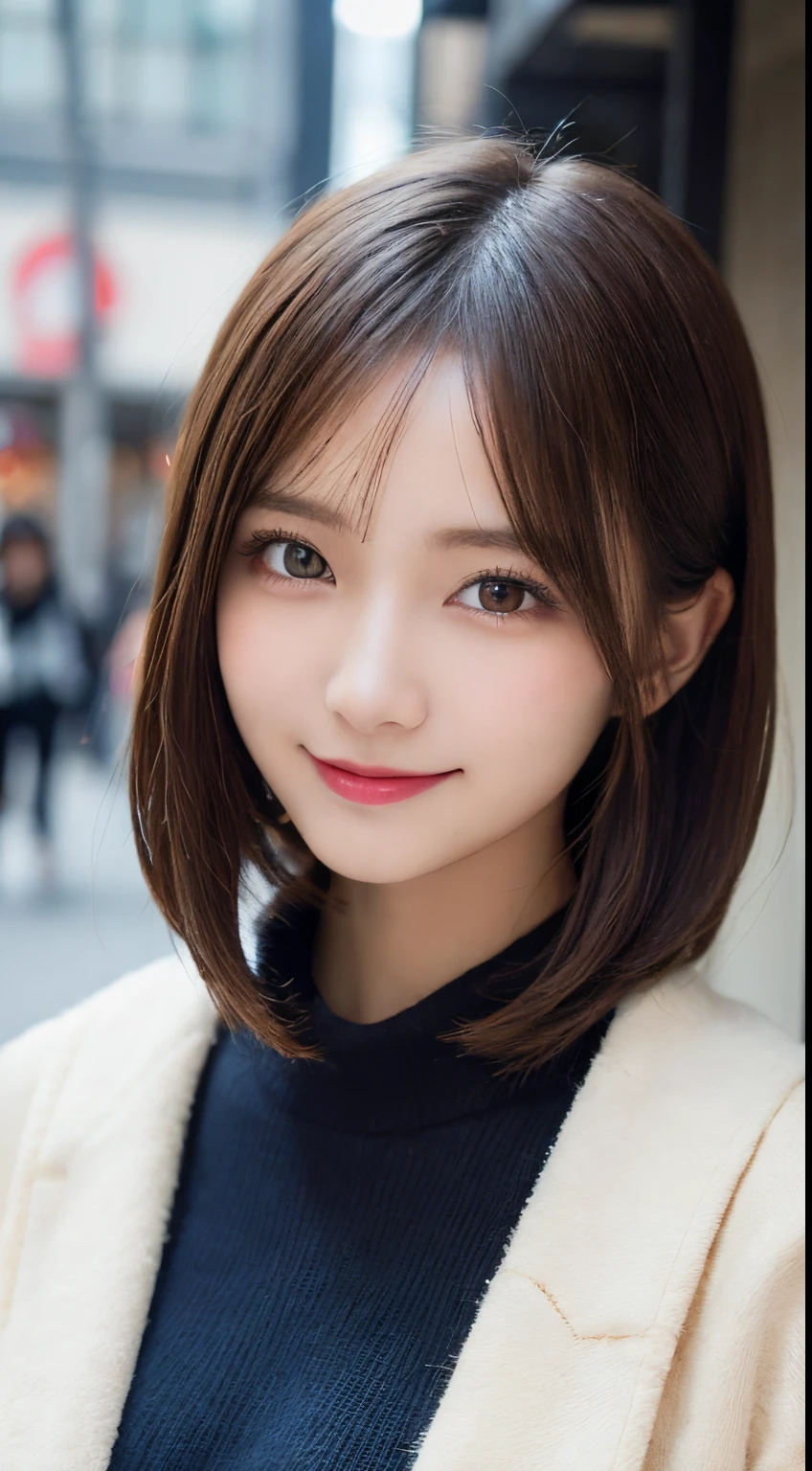 She looks happy when she sees this、Under the autumn sky、Red Sweater、masutepiece, Best Quality, Illustration, Ultra-detailed, finely detail, hight resolution, 8K Wallpaper, Perfect dynamic composition, Beautiful detailed eyes,Short bob hair,Small breasts natural color lip, Bold sexy poses,Smile,Shibuya、a 18 year old girl、Cute、Subject looking at sexy pose on camera