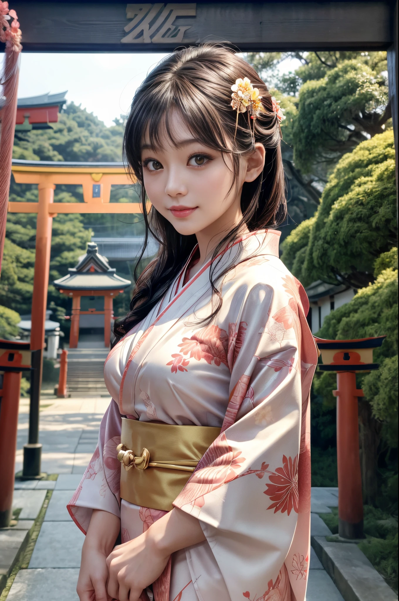 One Japan Woman、22year old、A dark-haired、beautidful eyes、(clear amber eyes)、long eyelashes、blusher、Red Lip Gloss、Smile cutely、Skin as clear as silk、large full breasts、(Wearing a beautiful floral kimono)、Attach a flower hairpin to your hair、((shrines、torii gate))、(SONY_a1.SEL50F12GM.The best photos taken with the combination of)、Anatomically accurate、full body photographed、Focus on the pupil、masterpiece、top-quality、Top image quality、Top resolution、Ultra-realistic:1.3、(illuminated by the first sunrise、beautiful warm light)、depth of fields、
