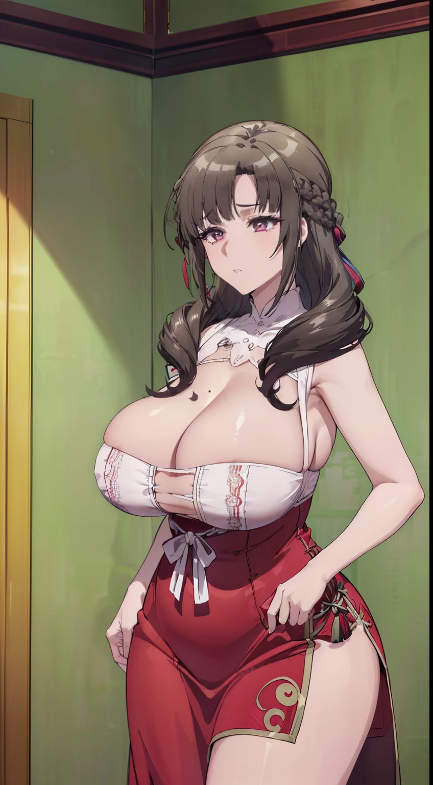 (8K, Best quality, tmasterpiece:1.2),\(eye detailed\),\(Facial features\),(\(Clothes detail details\)\),(huge tit),full bodyesbian,(Facial focus) ,Very detailed CG unity 8K wallpaper,hugefilesize,ultra - detailed,A high resolution,absurderes,beautidful eyes,Ray traching,dramatic shadow,finely detailled,Dramatic angles,Hyper-detailing,(1 girl:1.3),(Solo),Mature female,a matural female,thick thight,busty figure,Wife,Plump belly,((Black hair,Wavy curly hair,Long hair,Side hairs of a single braid:1.3)),((Danfeng Eyes,Elongated eyes,beautifully detailed eyelash)),big breasts exposed cleavage,Large areas of skin,((on cheongsam,Cut the thigh outward,Undercut the chest,External cut of the shoulder:1.4)),((gigantic cleavage breasts,Sagging breasts,Huge chest,Colossal tits:1.4)),((slutty)),((Thigh thick,Thigh fat,Long legs:1.3)),((In a Chinese-style room,Red pillars,Silk hanging:1.3))