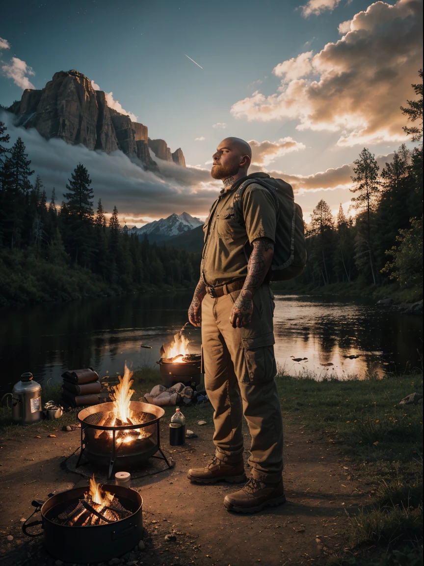 1 man, fat man, ((skin head, tattoos, shaggy-bearded)), cargo pants cold blouse ((full body, angry)), masterpiece, best quality, perfect eyes, perfect hands, perfect legs, ultra-detailed, solo, outdoor, (sunset), mountains, nature, (stars, cloud) backpack, sleeping bag, camping stove, water bottle, gloves, flashlight, forest, stones, river, wood, smoke, shadows, contrast, style, (warm hue, warm tone: 1.2), cinematic light, side lighting, ultra high resolution, best shade, RAW, wooden house, campfire