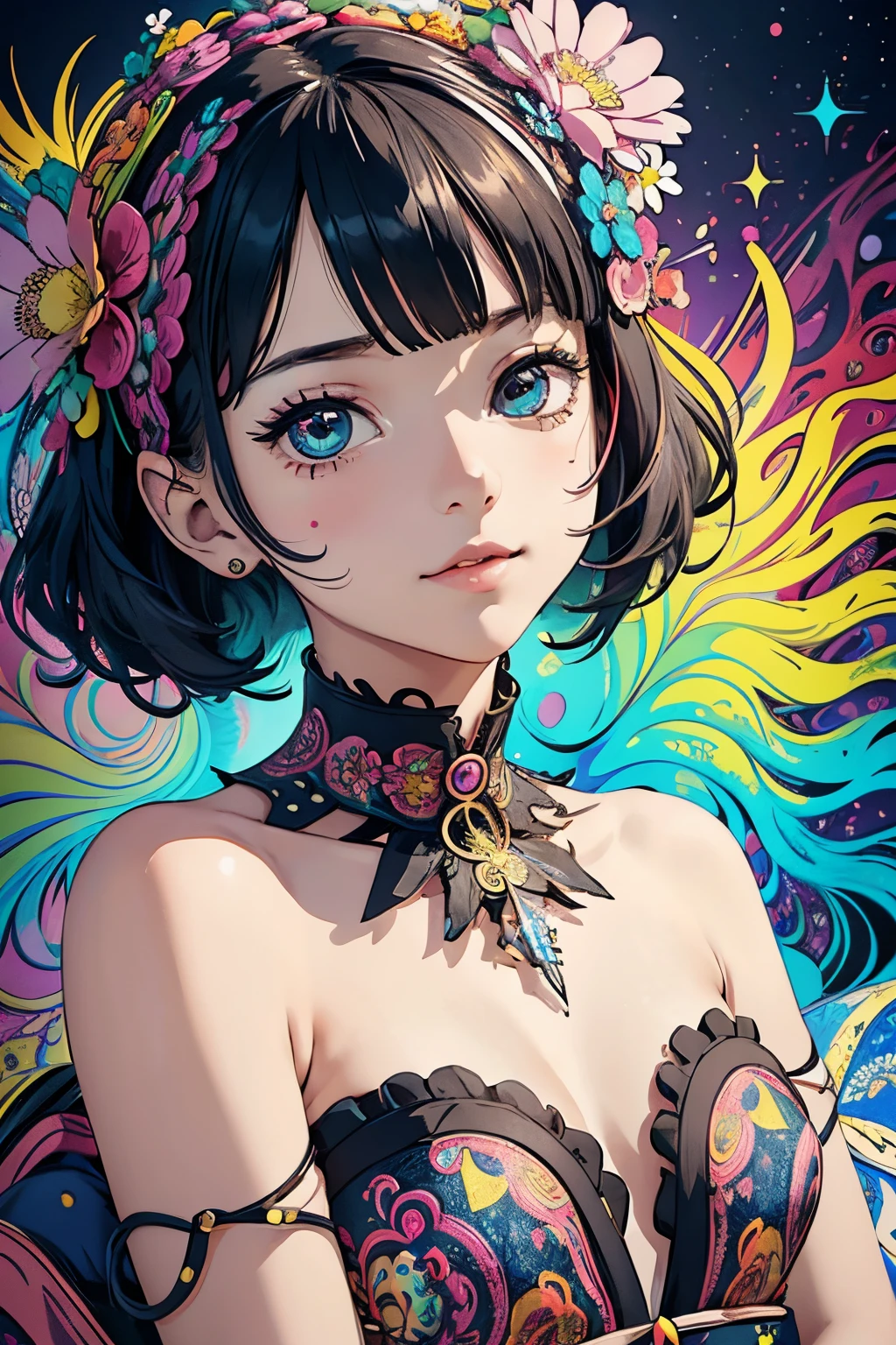 ((flowercrown)),Contemporary art created by tracing traces of colorful ink、masterpiece、ultra-detailliert、pop-art、innocent smiles、eye glass、(1 girl, Solo:1.6),(Cute smile), (Best Impact:1.5), (maximalism:1.7), Vivid contrast, (Realistic), hyperrealistic illustrations, hight resolution, ultra-detailliert, absurderes,(Fractal Art:1.3)、One Piece Appearance、Random hairstyle、Random hair color colorful、FULL BODYSHOT、Retro、Precise focus、randome pose、cinema4d、Drama