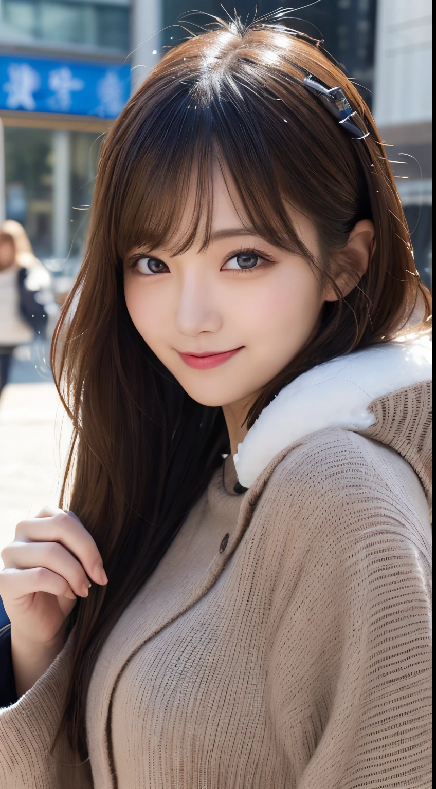 masutepiece, Best Quality, Illustration, Ultra-detailed, finely detail, hight resolution, 8K Wallpaper, Perfect dynamic composition, Beautiful detailed eyes, Cold winter clothes,Medium Hair,Small breasts natural color lip, Bold sexy poses,Smile,Harajuku、20 years girl、Cute、Sexy shot looking at camera,slender face
