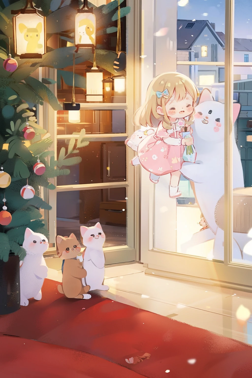 A cute cat and girl, At the bakery ,Christmas tree, sun light from window, nevando.