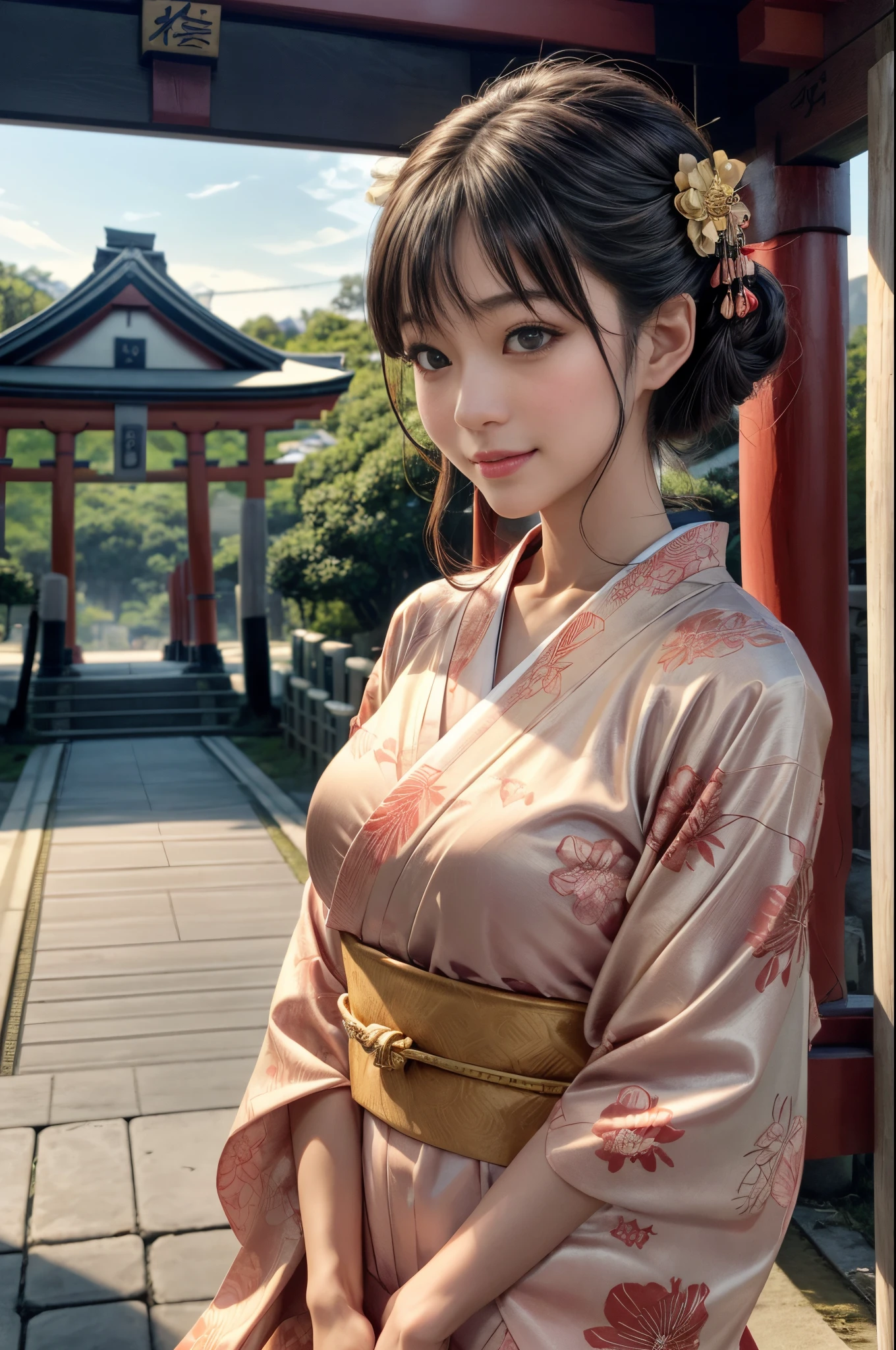 One Japan Woman、22year old、A dark-haired、beautidful eyes、(clear amber eyes)、long eyelashes、blusher、Red Lip Gloss、Smile cutely、Skin as clear as silk、large full breasts、(Wearing a beautiful floral kimono)、Attach a flower hairpin to your hair、((shrines、torii gate))、(SONY_a1.SEL50F12GM.The best photos taken with the combination of)、Anatomically accurate、full body photographed、Focus on the pupil、masterpiece、top-quality、Top image quality、Top resolution、Ultra-realistic:1.3、(illuminated by the first sunrise、beautiful warm light)、depth of fields、