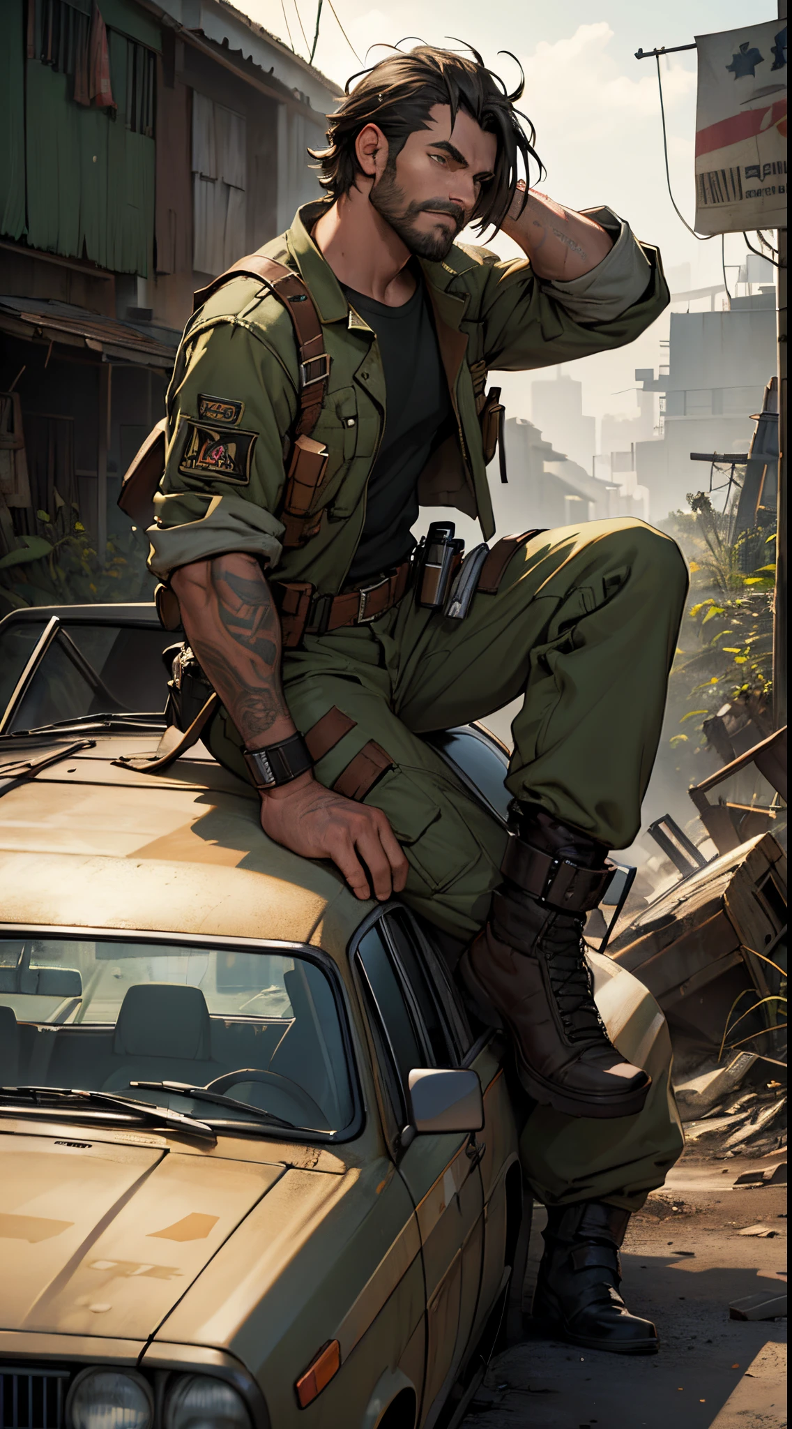 ((best quality, 8k, master part:1.3)), best quality, master part,ultra high-resolution,Antecedentes detalhados. 1 homem, alto e musculoso, cabelo castanho curto com laterais grisalhas, olhos verde-escuros, barba, sitting on top of an old car, post apocalyptic theme, background post apocalyptic, military clothing, tatical clothes, tattoo on the left arm