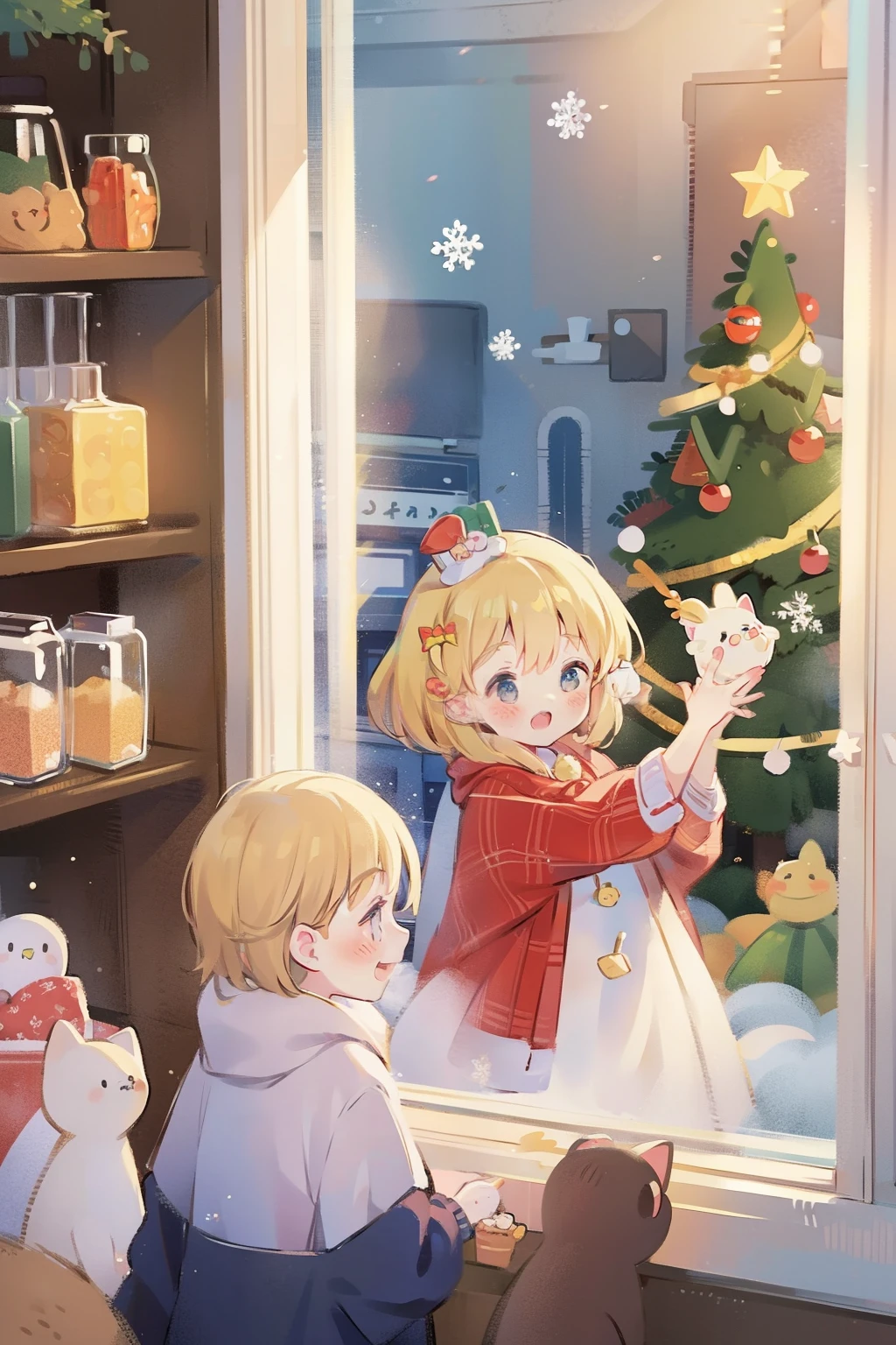 A cute cat and girl, At the bakery ,Christmas tree, sun light from window, nevando.