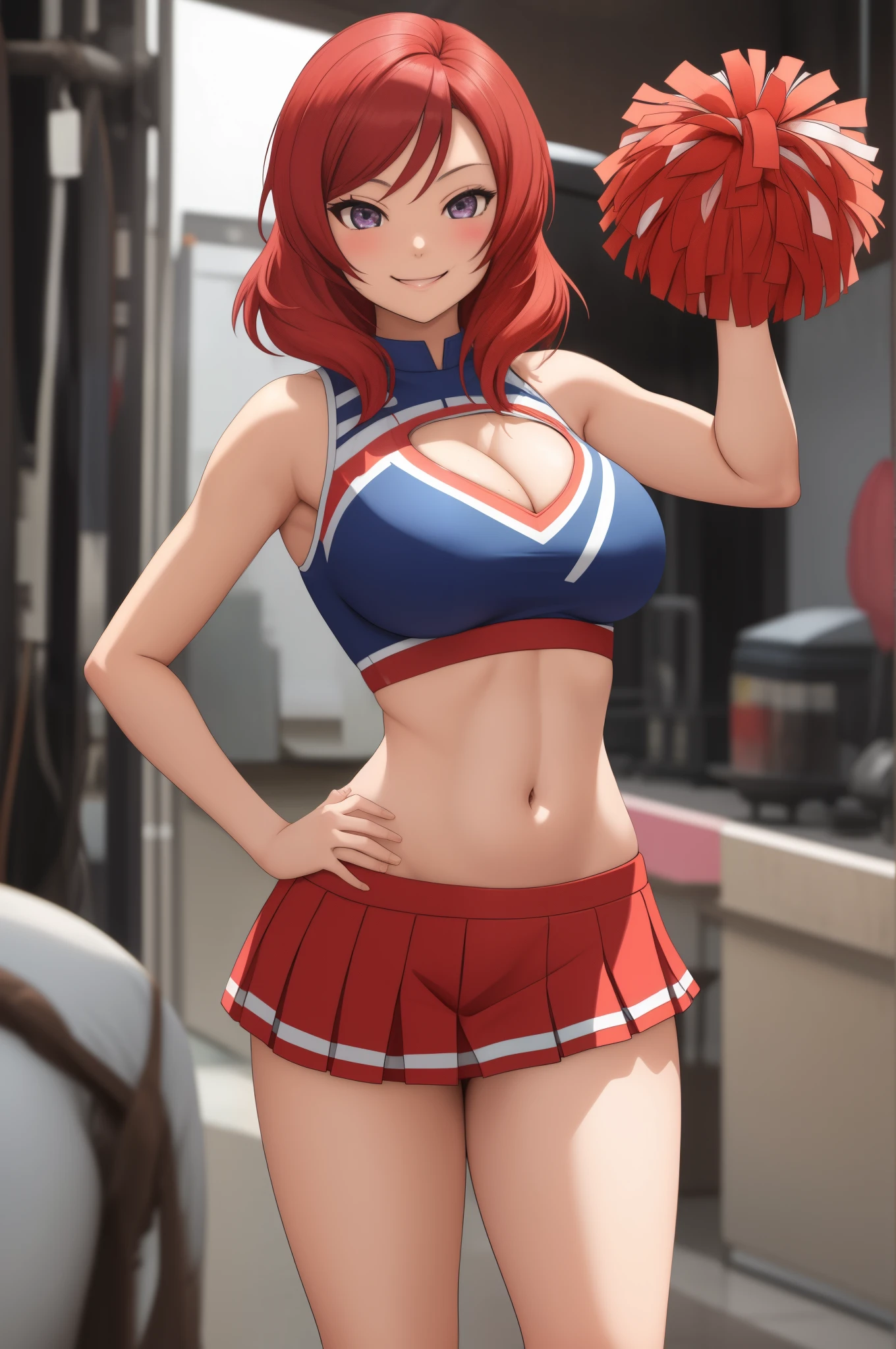Nishikino maki, curvy body, smile, cheerleader custom, midriff, cowboy shot,big breasts, cleavage,hands on hips, posing for picture