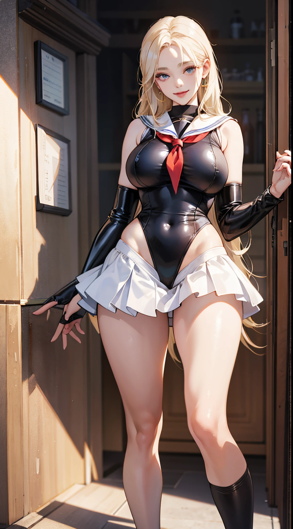 top-quality、realistic touch,high-detail、photoRealstic、Long body、skirts that are too short、Sleeveless、captive beauty、big eye、Big breasts that are about to fall out of your clothes、Strong platinum blonde eyelashes、platinum-blonde、Beautie、A sexy、full body Esbian、Sparkling eyes、Submissive smile、Flushed cheeks、Kamimei、thin-waist、Voluptuous thighs、Enraptured look、Raked bangs、The forehead is protruding、See-through clothing、high-heels、 latex clothes、a sailor suit
