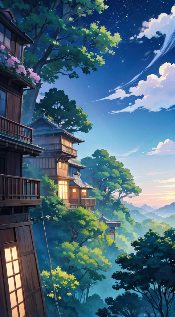 Studio Ghibli aesthetic scenery background wallpaper, night, nature, magical