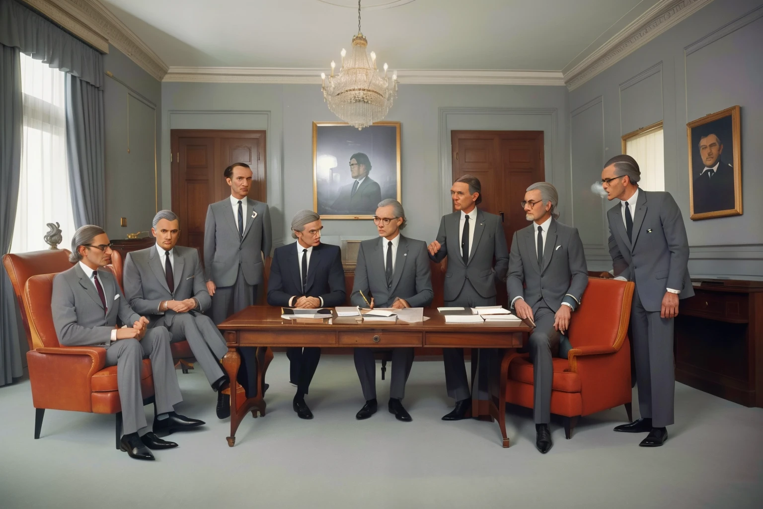 1965, Italy. Pre-raphaelite scene with a (very wide view) of a grey council government room, full of ((grey men)), Michael Ende's grey men, with suit, and smoking cigarrette, smoke, all in grey, sinister vibes ((((grey suits clothing of the 1960s)))), ((Wes Anderson cinematic style)), colorful