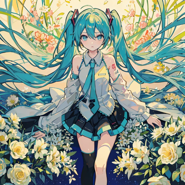 hatsune miku,Opening legs Light vintage color,planar,,RISO Print Style,illustartion,Adoly,Leave blank space,Low saturation,lots of flowers,Individually organized,