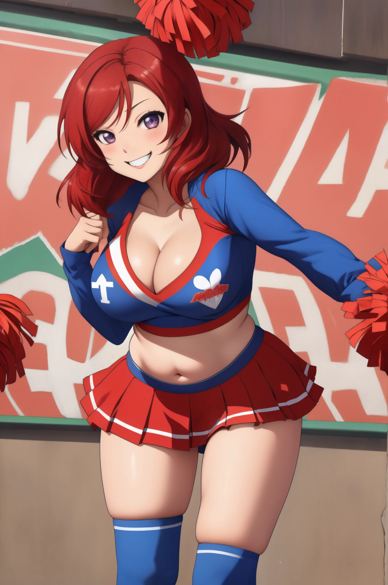 Nishikino maki, curvy body, smile, cheerleader custom, midriff, cowboy shot,big breasts, cleavage,bent over