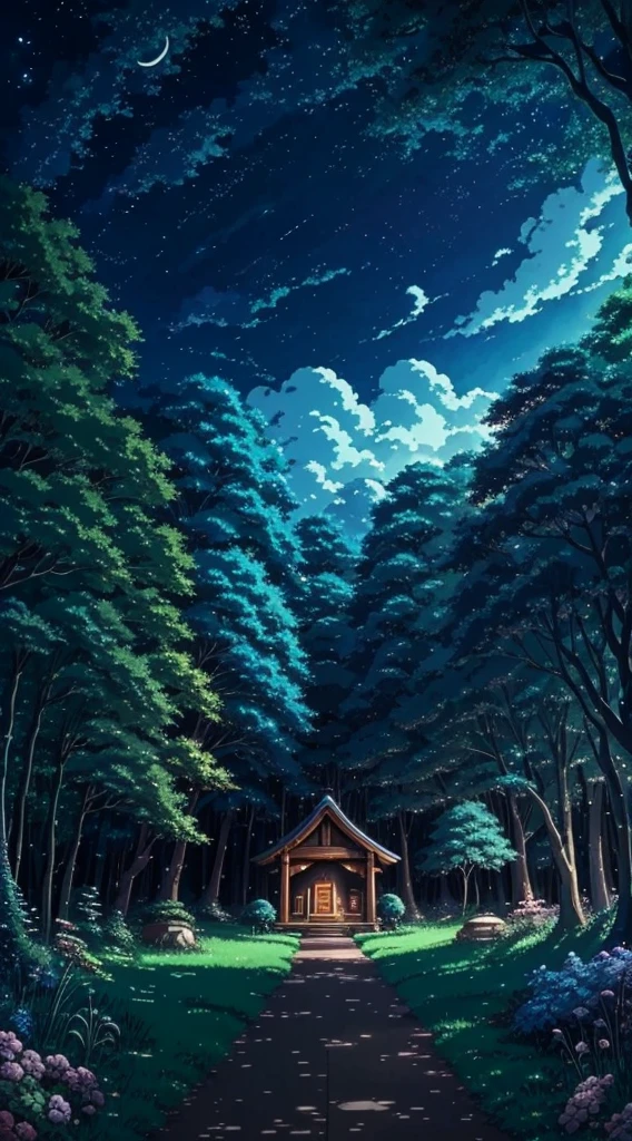Studio Ghibli aesthetic scenery background wallpaper, sky, nature, magical, anime, cartoon, forest, night