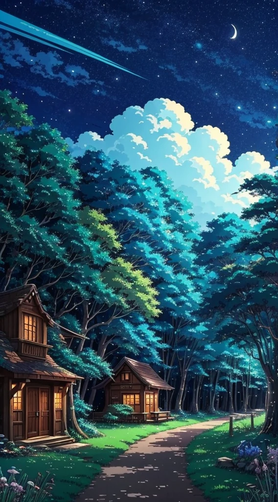 Studio Ghibli aesthetic scenery background wallpaper, sky, nature, magical, anime, cartoon, forest, night