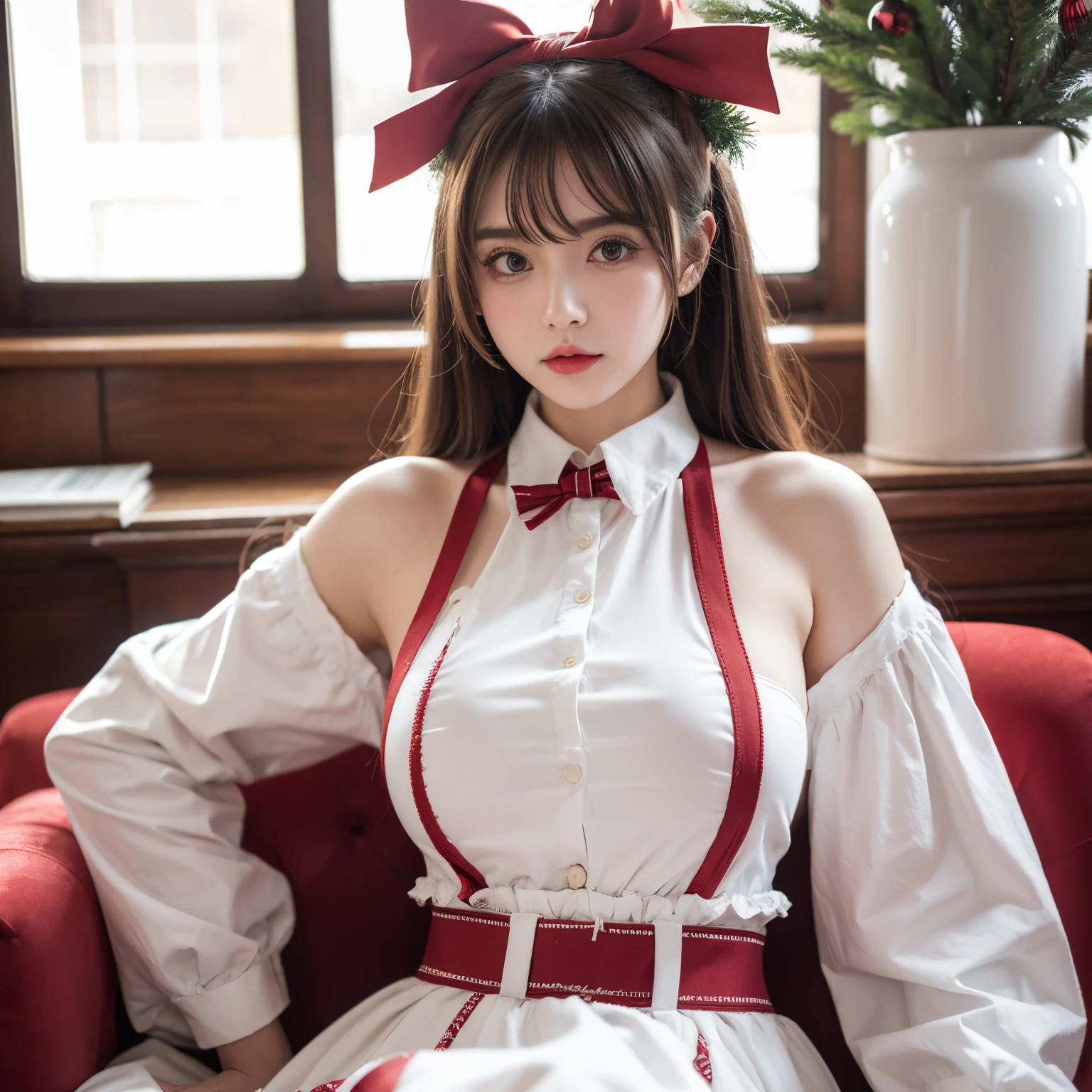 Araffe dressed as a snow white with a red bow and a red bow, beautiful vampire queen, realistic cosplay, Marceline from Adventure Time, anime girl cosplay, 4K HD snow white hair, beautiful vampire queen, snow white as a d &d fighter, snow white, anime cosplay, cosplay, vampire Carmilla, with long dark hair, on the streets,torn clothes,large breasts