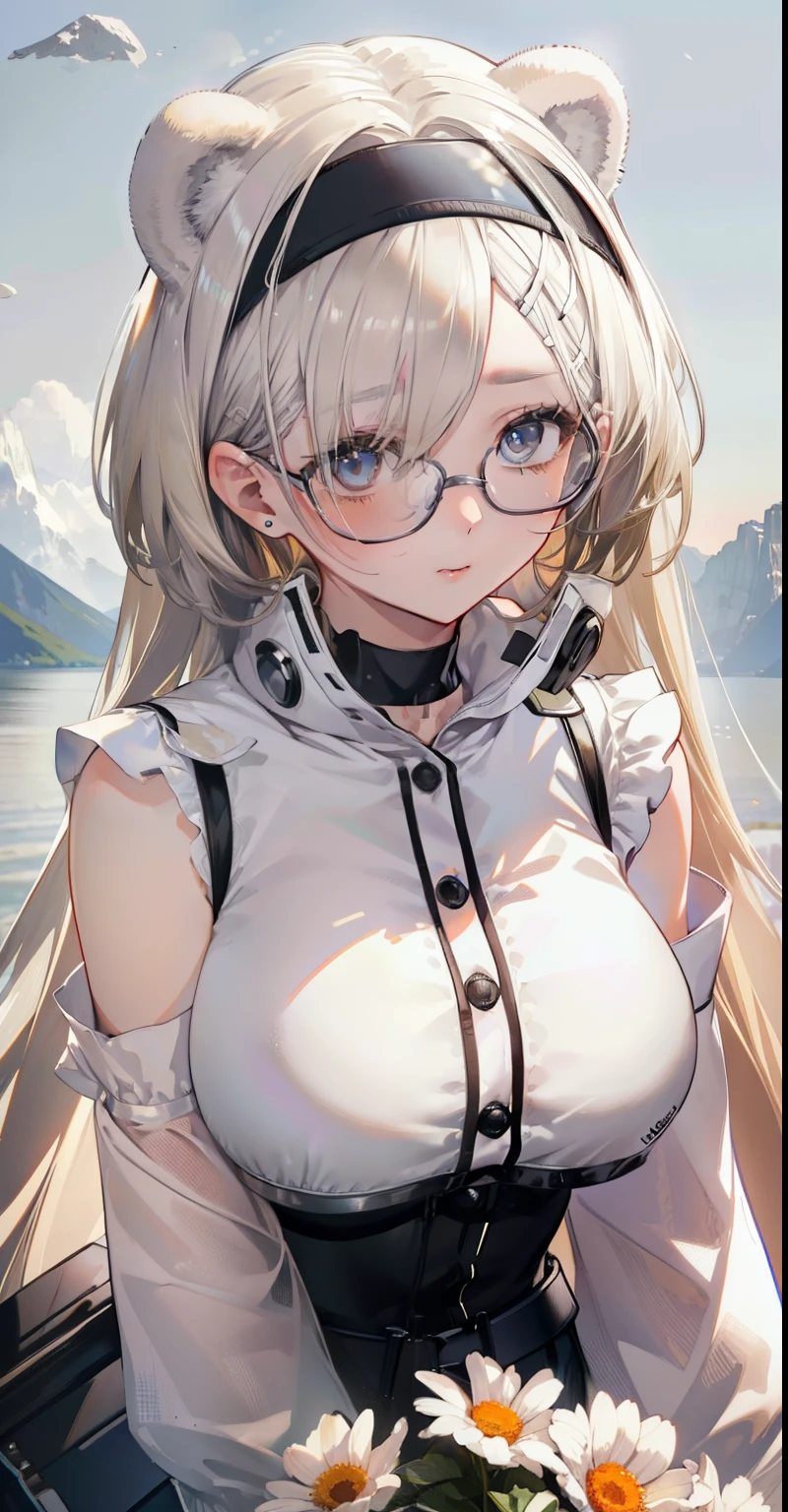 Beautiful Face, highest quality, Ultra-high resolution natural light, Shiny skin, Detailed skin, Detailed face, Fine grain, Beautiful woman, Gray Hair, Straight hair, Floating Hair, Big Hair, Mole under the eye, With glasses, Headphones, A scene from a science fiction movie, Great background, A metal suit that fits perfectly to the body, thick belt.