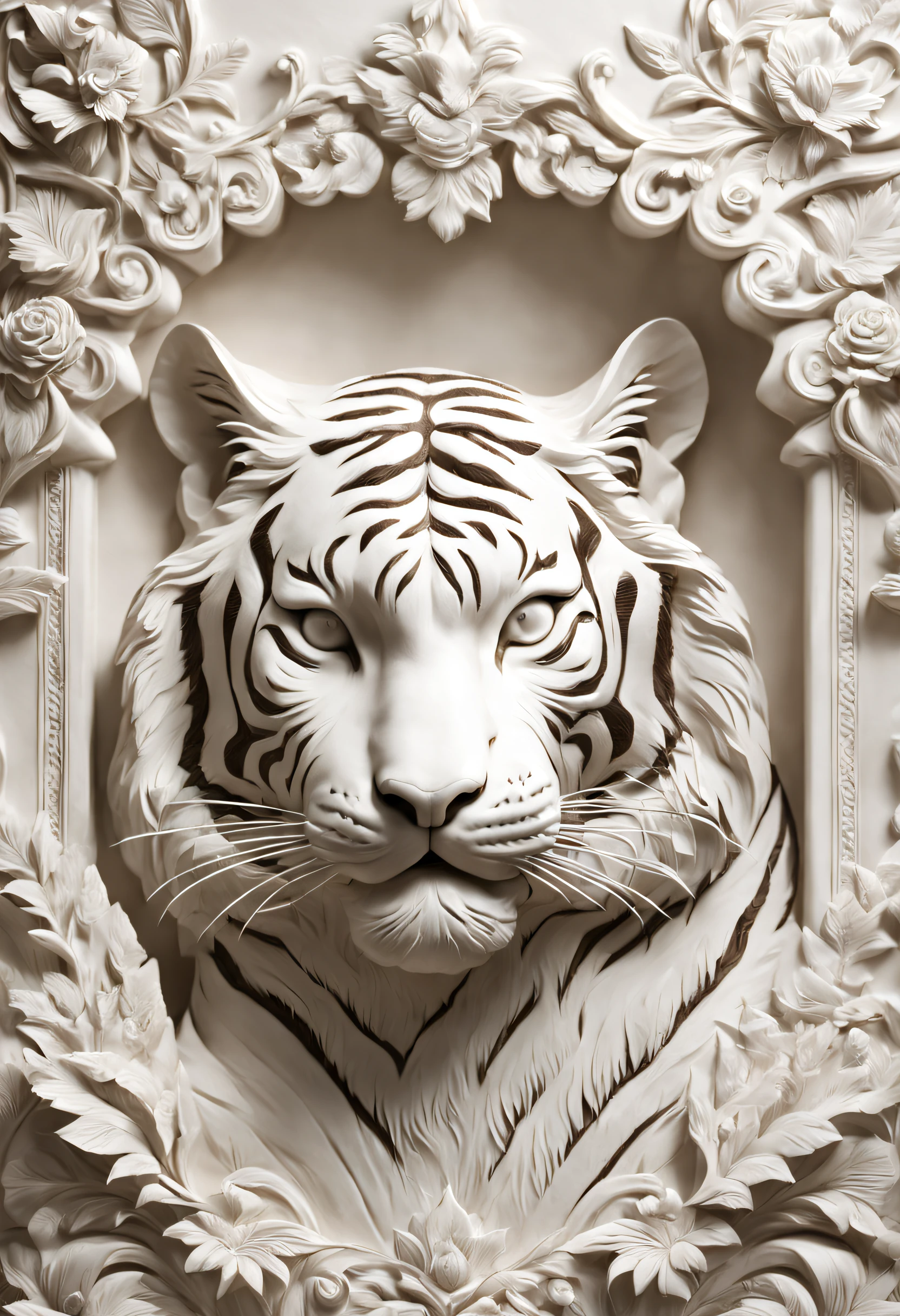 White tiger in relief style, Interior design, Beautifully meticulous,