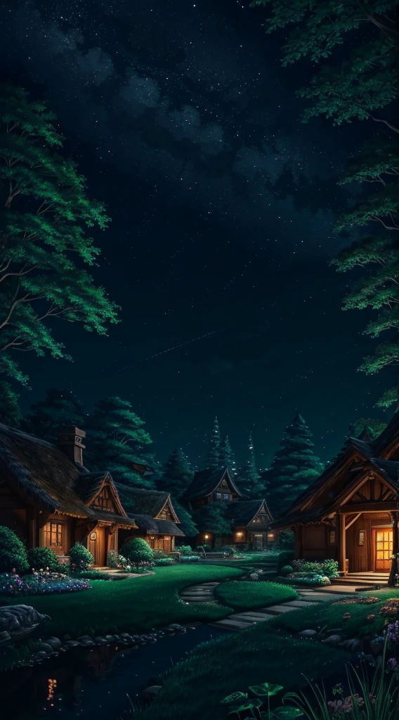 Studio Ghibli aesthetic scenery background wallpaper, night, nature, magical