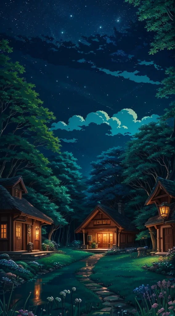Studio Ghibli aesthetic scenery background wallpaper, night, nature, magical