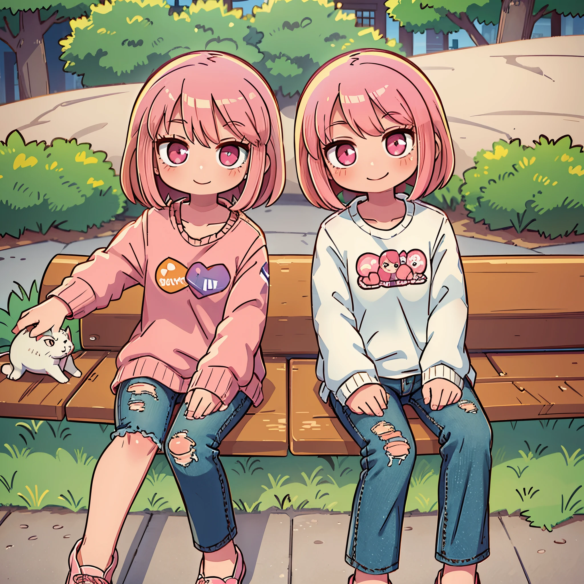 1girl, , pink hair color, smile, wearing a shirt that has a picture of a cat on it and jeans, sitting on a bench in the park,