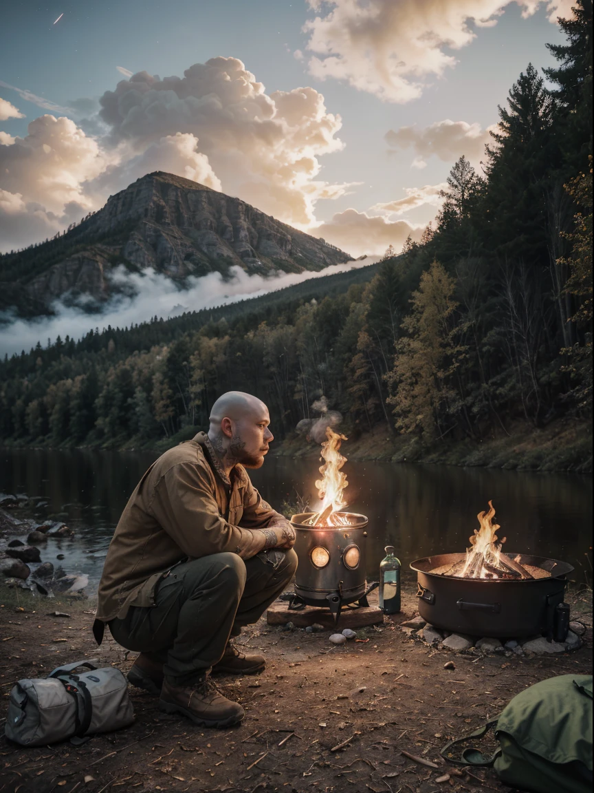 1 man, fat man, ((skin head, tattoos, shaggy-bearded)), cargo pants cold blouse ((full body, angry)), masterpiece, best quality, perfect eyes, perfect hands, perfect legs, ultra-detailed, solo, outdoor, (sunset), mountains, nature, (stars, cloud) backpack, sleeping bag, camping stove, water bottle, gloves, flashlight, forest, stones, river, wood, smoke, shadows, contrast,  style, (warm hue, warm tone: 1.2), cinematic light, side lighting, ultra high resolution, best shade, RAW, wooden house, campfire