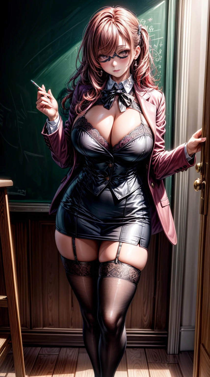 (Masterpiece, Best Quality, High Quality:1.4), professional artwork, Intricate Details, field of view, sharp focus, detailed painting, masterpiece, cinematic lighting, trending on pixiv, (mature female, milf:1.1), solo, (curvy:1.1), standing near chalkboard, holding chalk, classroom, (full body shot:1.1), (red hair:1.05), long hair, lipstick, makeup, ultra detail hair, ultra detail face, (purple eyes:1.05), perfect eyes, perfect face, earrings, (confused, blush:1.2), shirt, jacket, (black thighhighs, garter belt:1.1), pencil skirt, school uniform, highheels,
(Large Breasts:1.1), Cleavage, big ass, thighs,