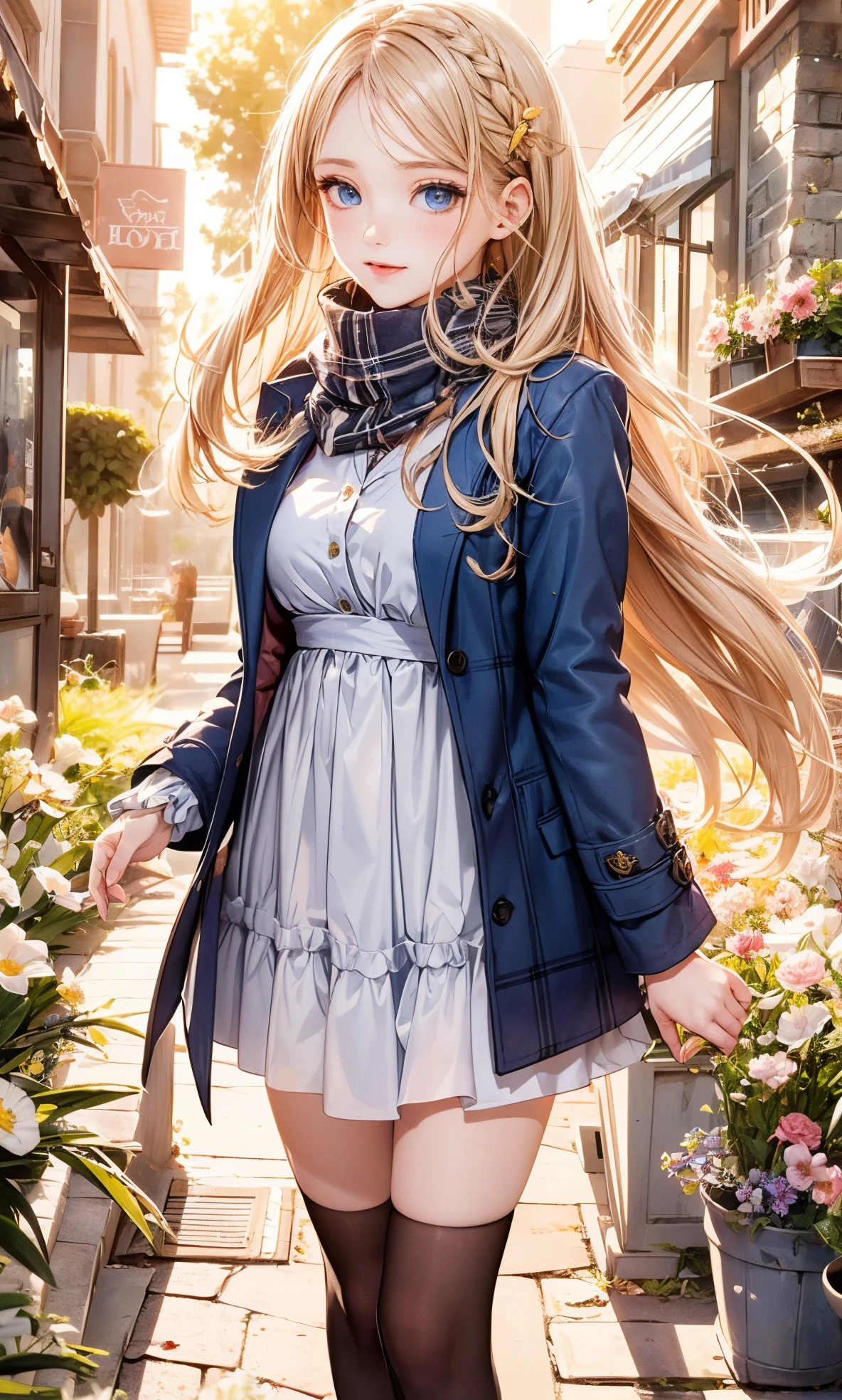 (​masterpiece),(top-quality:1.2),1girl in,(masuter piece:1.3),exquisitedetails, Highest quality 8K resolution, Ultra-detailed, Realistic, Vibrant colors, Soft tones, With warm and gentle lighting,(Beautiful plaid scarf:1.3),(Preet Pink Ruffled Ribbon Dress,) (Brown long coat:1.2) early evening,Big sunset,(Smooth straight blonde hair:1.2),(Hair parted in the middle:1.3),(Glowing hair),(Dark blue eyes:1.3),White skin, hair clips,Overflowing soft and gentle feelings,(The promenade is full of flowers),The sun's rays illuminate joy and pure love, Warm golden glow,The atmosphere is full of happiness and laughter, As if celebrating love,Sticking to ultra-detailed depictions and vivid colors. In a style that blends romanticism and realism、You can feel the depth of love,color palettes,Create an ethereal atmosphere like a dream,and the lighting is soft and diffused, Shine a gentle light on your face,The artwork is a masterpiece,