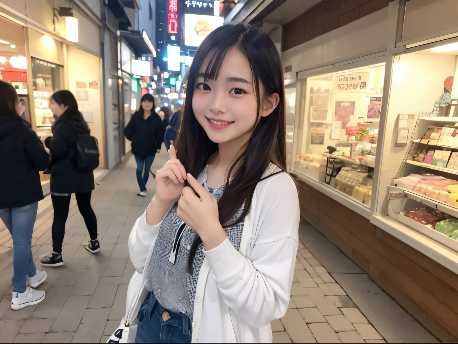 ((Best Quality)), ((masutepiece)),, Perfect face,,Esmanium,,japanes,hposing Gravure Idol、kawaii、a smile、shopping street、December、
everyday clothes、Dynamism、blurry backround:1.1