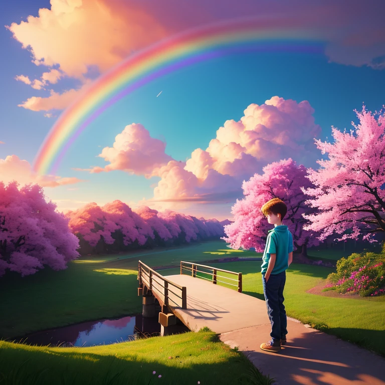 (digital painting),(best quality), boy standing on cliff facing backwards, watching rainbow on sky, colorful clouds, cherry blossoms in full bloom, footbridge to rainbow, green grass, photography style, 8k ultra-realistic, pastel color scheme, soft lighting, golden hour, tranquil atmosphere, landscape orientation