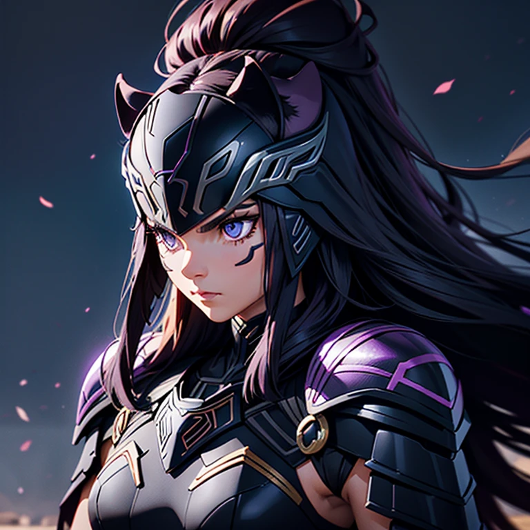 A woman wearing a black panther armor,, Saint Seiya, Black panther Armor, panther helmet, Dark purple hair, mid-long hair, , Charismatic character, Avatar de seconde vie, Nice screenshot, Femme seduisante vue complète du corps, High quality, very detailed skin