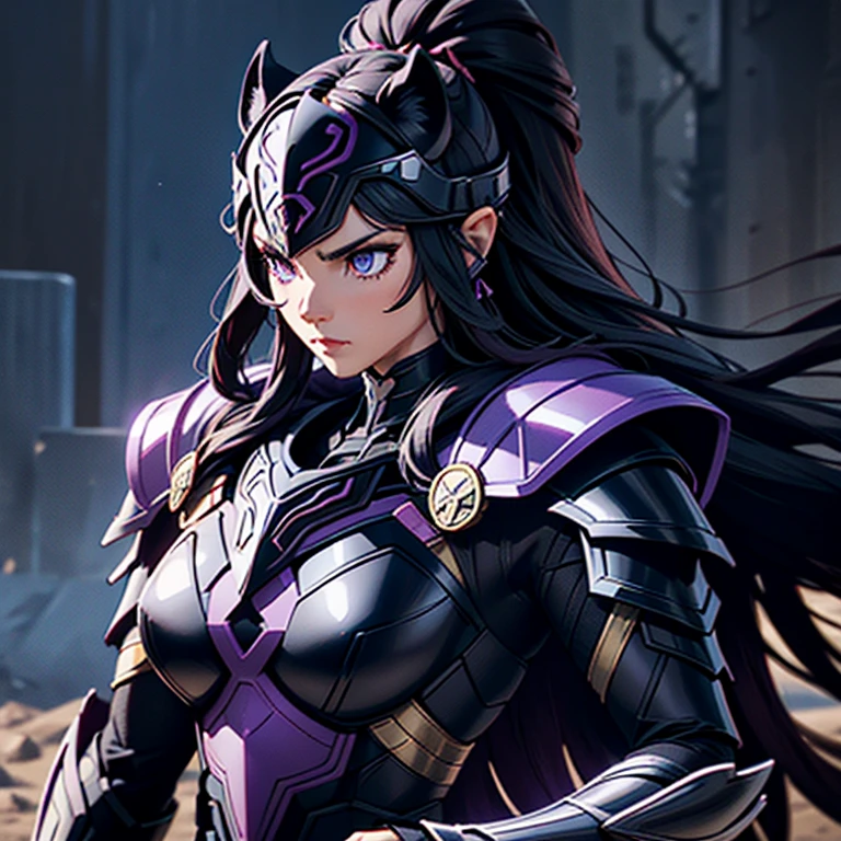 A woman wearing a black panther armor,, Saint Seiya, Black panther Armor, panther helmet, Dark purple hair, mid-long hair, , Charismatic character, Avatar de seconde vie, Nice screenshot, Femme seduisante vue complète du corps, High quality, very detailed skin