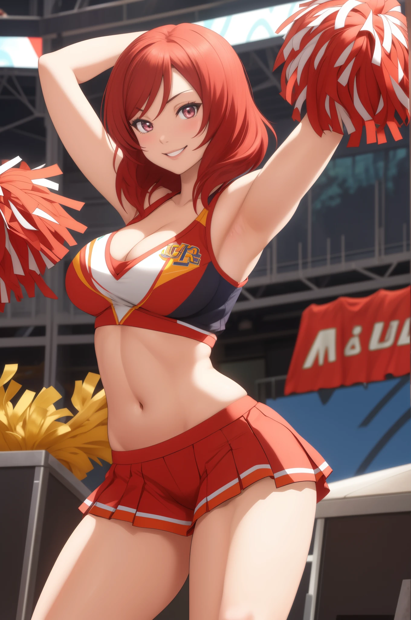 Nishikino maki, curvy body, smile, cheerleader , midriff, cowboy shot,big breasts, cleavage,bent over, arms behind back, crotch