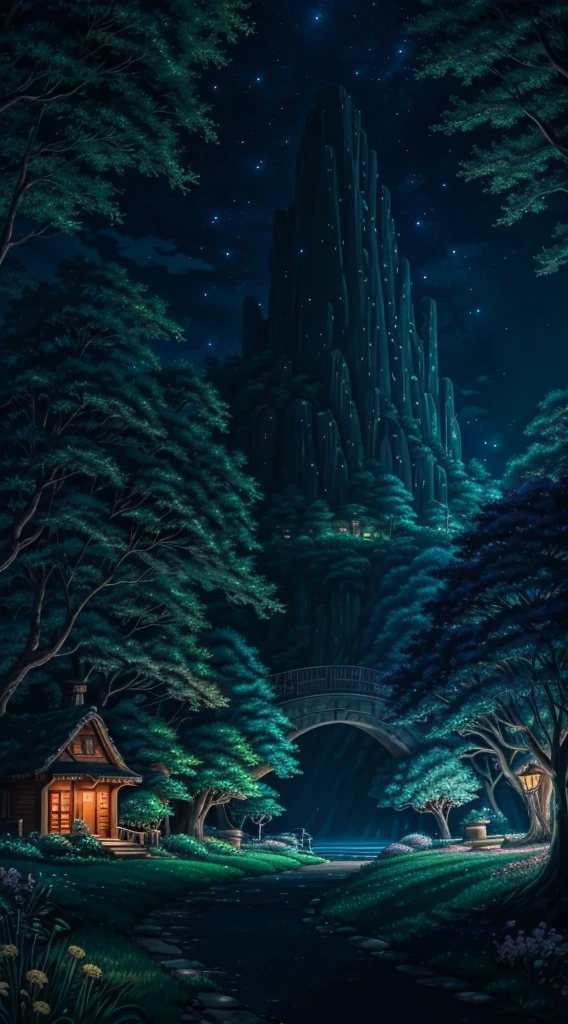 Studio Ghibli aesthetic scenery background wallpaper, nature, magical, anime, cartoon, night