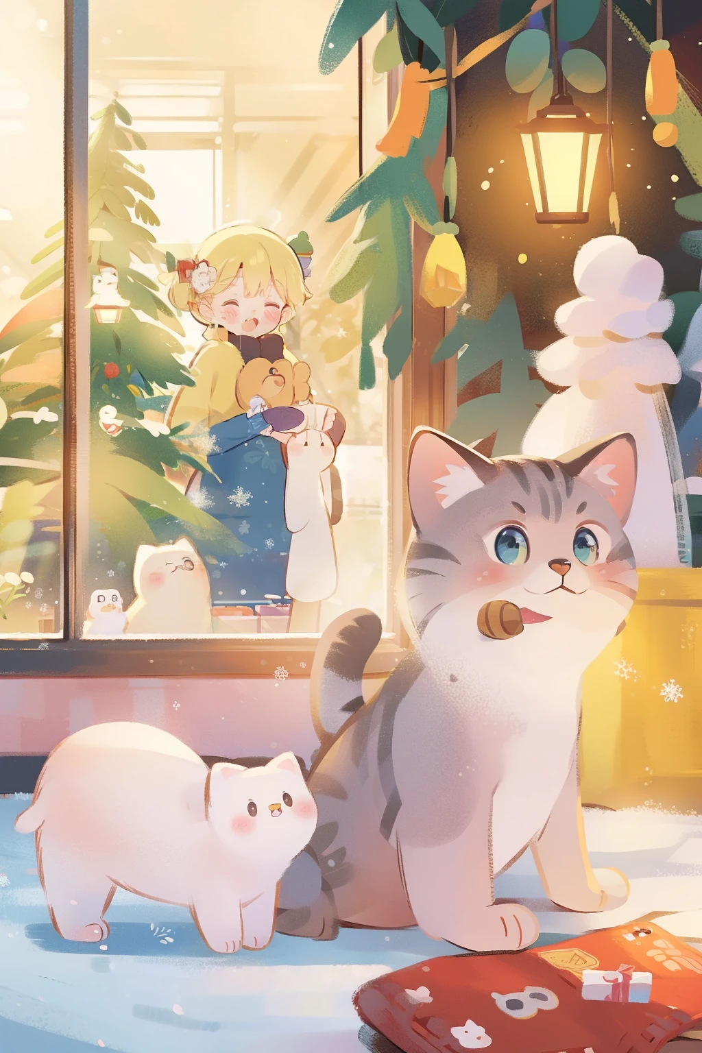 A cute cat and girl, At the bakery ,Christmas tree, sun light from window, nevando.