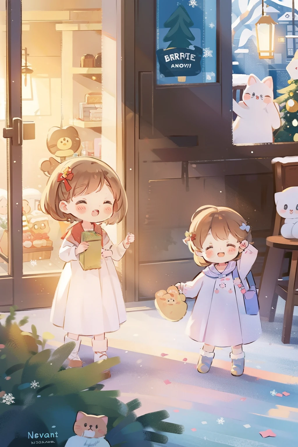 A cute cat and girl, At the bakery ,Christmas tree, sun light from window, nevando.