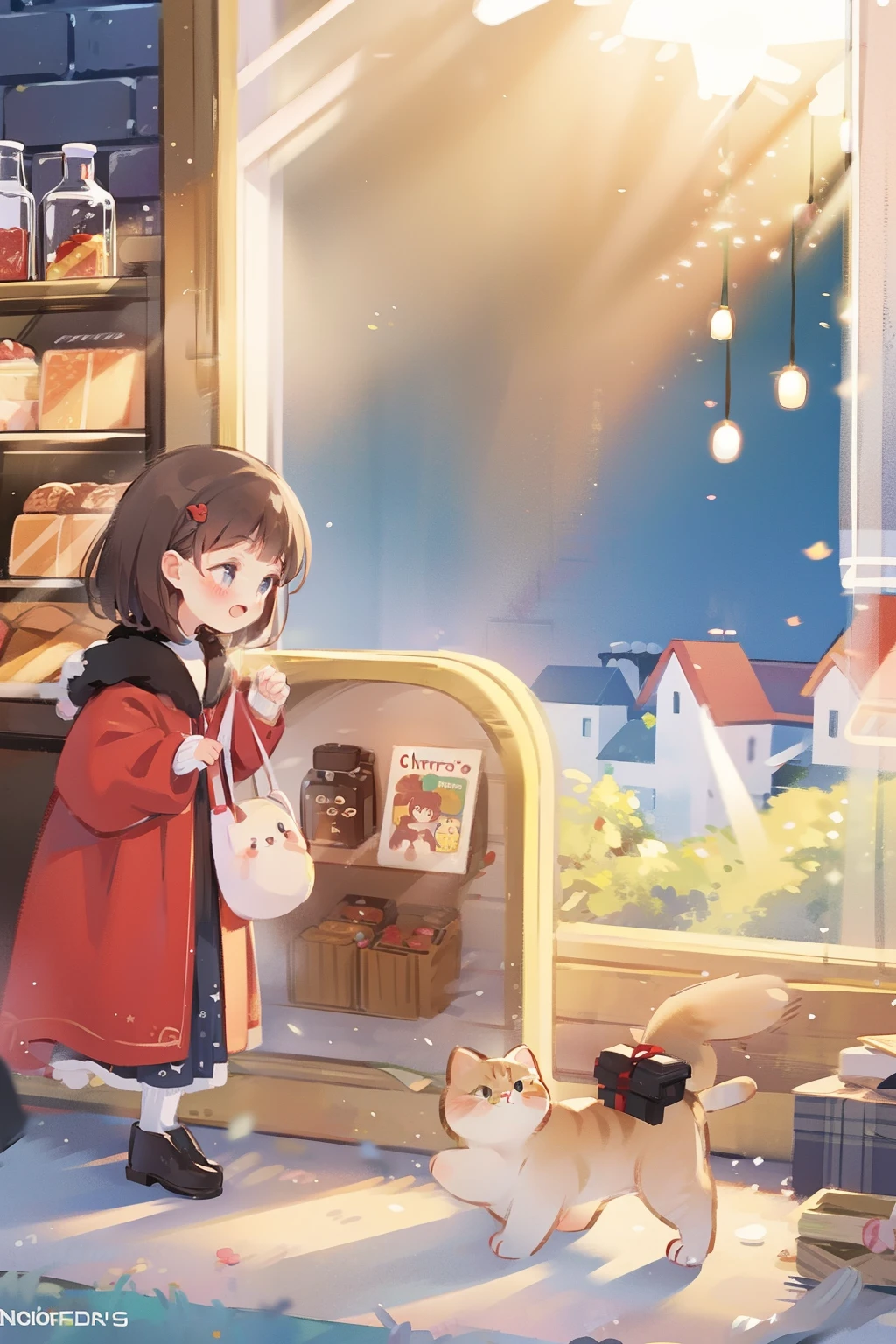 A cute cat and girl, At the bakery ,Christmas tree, sun light from window, nevando.