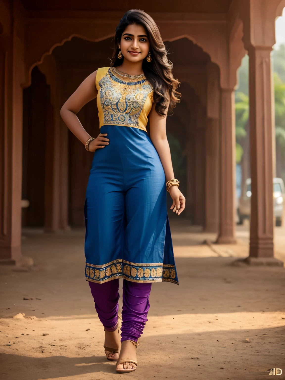 young Indian girl, 18-year-old, (tight deep neck kurti, patiala pant), wrist watch, high heels, 34 28 32, gentle lighting, intricate facial details, (bright smile:1.2), (intricate detailing:1.6 faces & eyes & nose & ears & lips & curves & skin & body parts), eyes symmetry, face symmetry, no wrinkles no pimples face, top-notch 3D rendering, full body shot from bottom, hyper-realistic, shot on Indian road. photorealistic digital art trending on Artstation 8k HD high definition detailed realistically