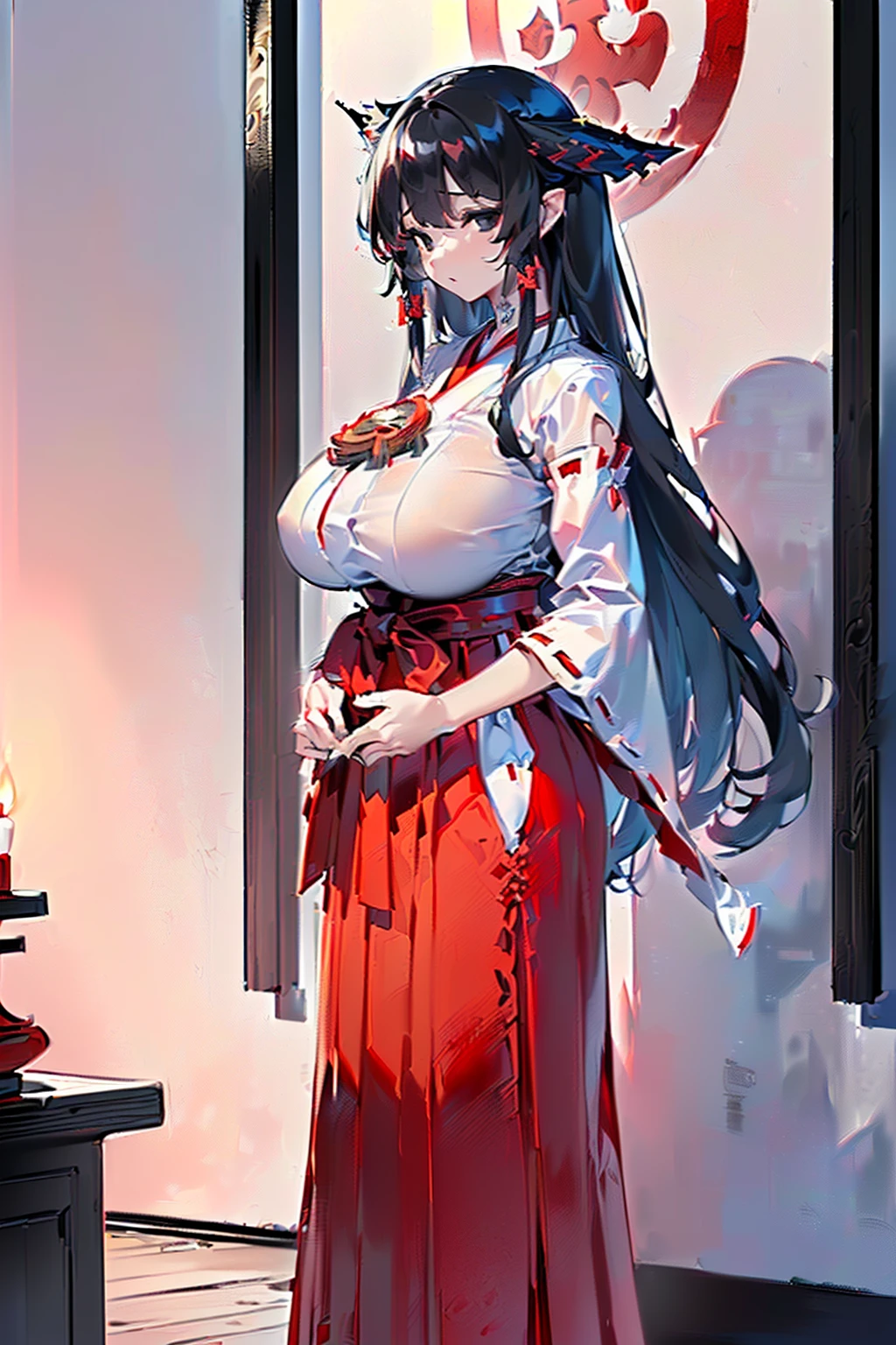 (((gigantic breasts))),((((((Long black hair)))))(((vulgarity))(((Black eyes))),(((large areolae)))(((disproportionate breasts))),(((gigantic breasts))) (1girl),((masterpiece)), ((best quality)), ((highest quality)), ((ultra-detailed)), ((8k cg wallpaper)), ((extremely delicate and beautiful)), ((illustration)), ((1girl, solo)), ((shrine maiden outfit)), ((miko)), ((red skirt)), ((red hakama))