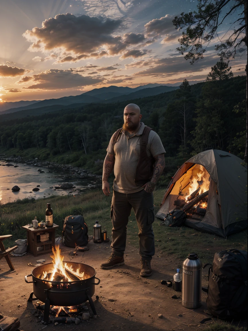 1 man, fat man, ((skin head, tattoos, shaggy-bearded)), cargo pants cold blouse ((full body, angry)), masterpiece, best quality, perfect eyes, perfect hands, perfect legs, ultra-detailed, solo, outdoor, (sunset), mountains, nature, (stars, cloud) backpack, sleeping bag, camping stove, water bottle, gloves, flashlight, forest, stones, river, wood, smoke, shadows, contrast, style, (warm hue, warm tone: 1.2), cinematic light, side lighting, ultra high resolution, best shade, RAW, wooden house, campfire