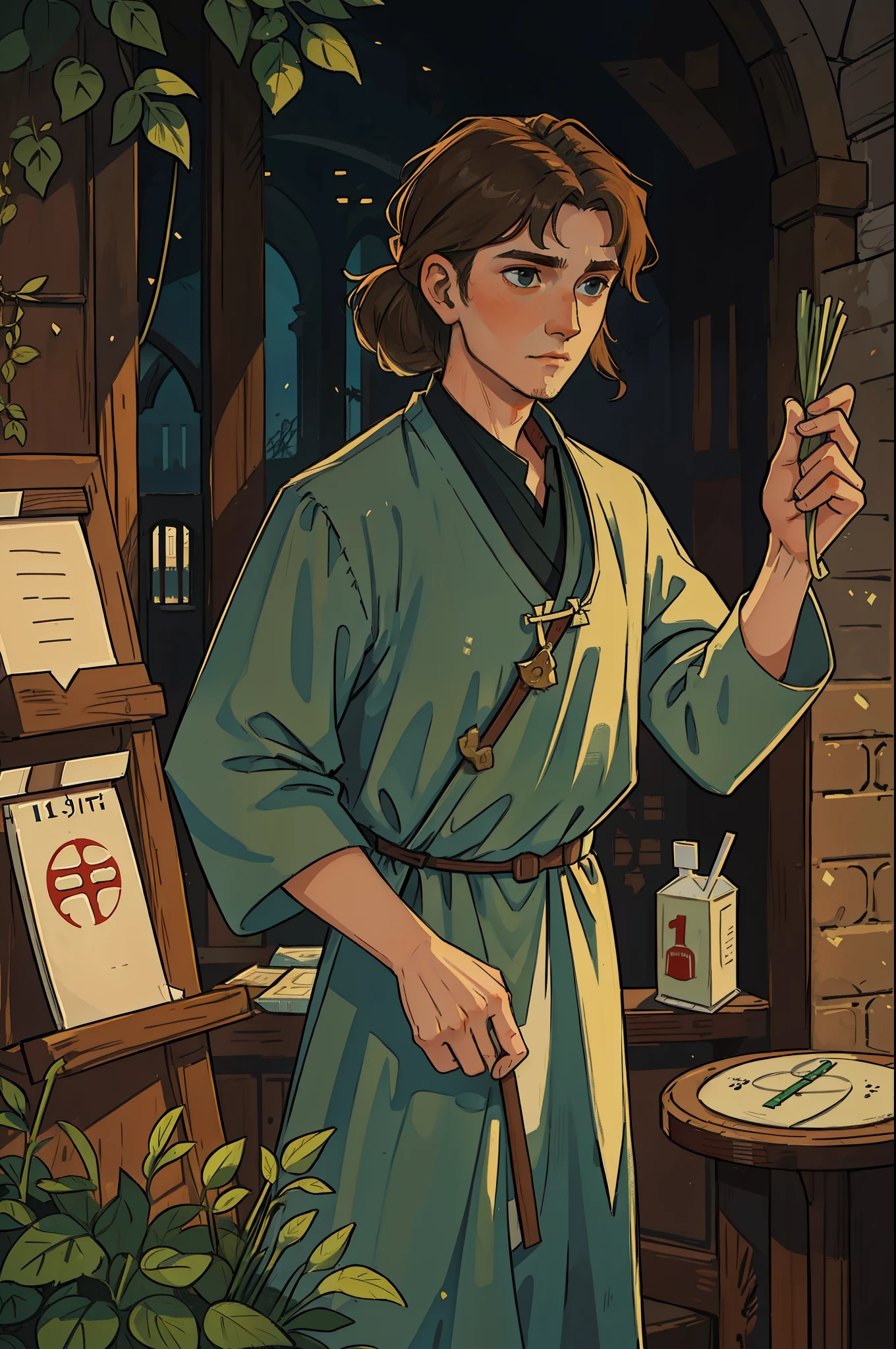 ano: 11th century. Location: Londres. Pre-Raphaelite scene with a 31-year-old Englishman, medic, buying herbs in a pharmacy, ((((11th century plain tunic)))) ((11th century hairstyle)), (((Film style)))