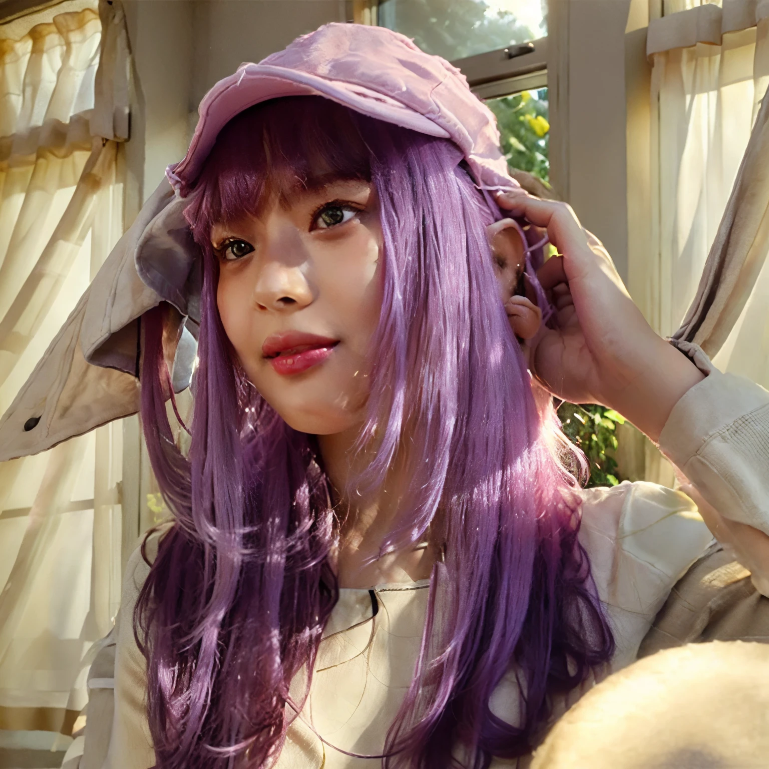 soft light, soft skin, (wider angle, waist up shot of HanniPham sitting on white bed:1), light pastel colored room, bokeh, f/1.8,  light purple bangs, inside, golden hour soft hair, HanniPham smiling, happy,  hair_bangs, wearing a cap, white hat, light pale purple hair, sitting on the bed, analog style, hyper realistic lifelike texture dramatic lighting, award winning photo, Nikon RAW photo, 8k, Fujifilm XT3, masterpiece, best quality, realistic, soft lighting, ultra detailed, extremely detailed face, window light rays, window bloom, volumetric lighting