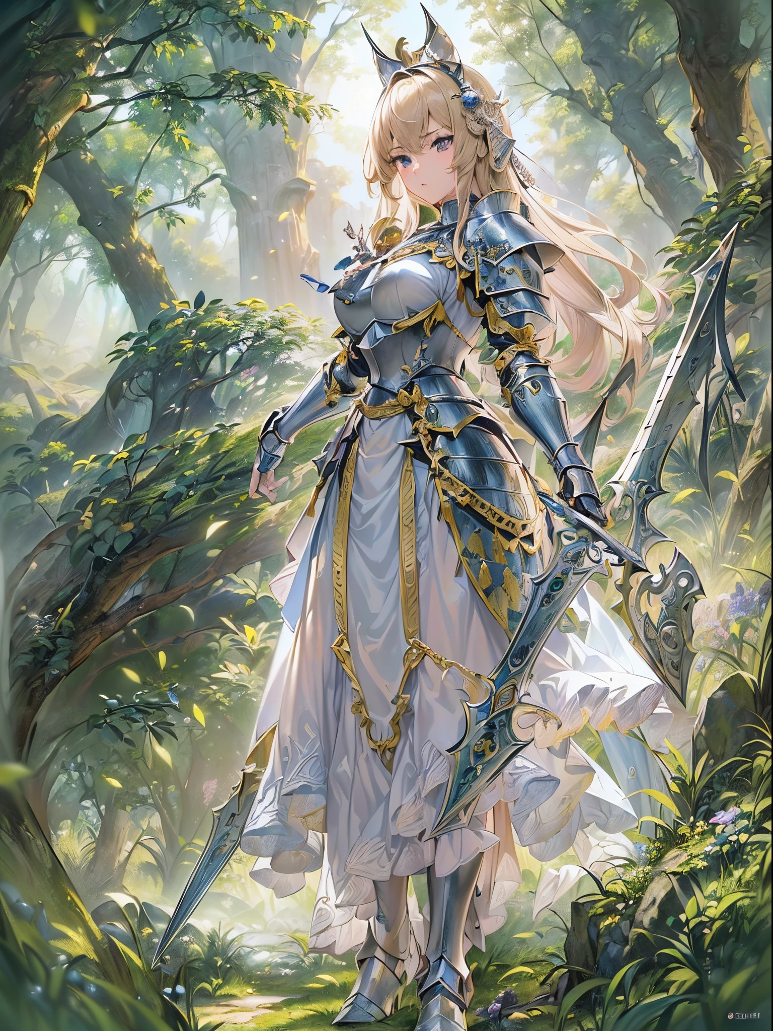 ((Finest quality)),(超A high resolution),(ultra-detailliert),(Meticulous portrayal),((Best Anime)),(Finest works of art),(Ultra-Precision Art),(The art of astounding depiction,Overwhelming depiction:1.5),(Detailed and detailed fantasy art), (Female Knight:1.5),((beauitful face:1.5)), Surrounded by forests and springs:1.3