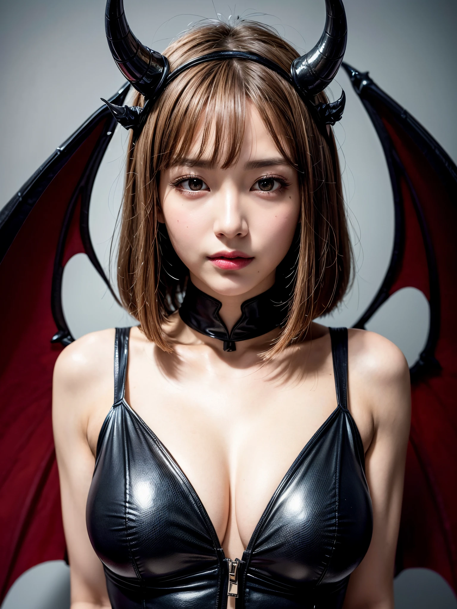 8k,best quality, masterpiece, ultra detailed, ultra high res, photorealistic, raw photo, absurdres, absolutely resolution, 1girl, solo,upperbody shot, looking at viewer,a Japanese young pretty woman, hyper cute face, glamorous figure, large breasts , long bob hair ,smile,(demoness bodysuit, horned headpiece, bat wings:1.3), Ancient castles,glossy lips, double eyelids in both eyes, natural makeup, long eyelashes, shiny smooth light brown long bob hair, asymmetrical bangs, shiny skin, central image, high resolution, high detailing, detailed hairstyle, detailed face, spectacular movie lighting, octane rendering, vibrant, hyper realistic, perfect limbs, perfect anatomy