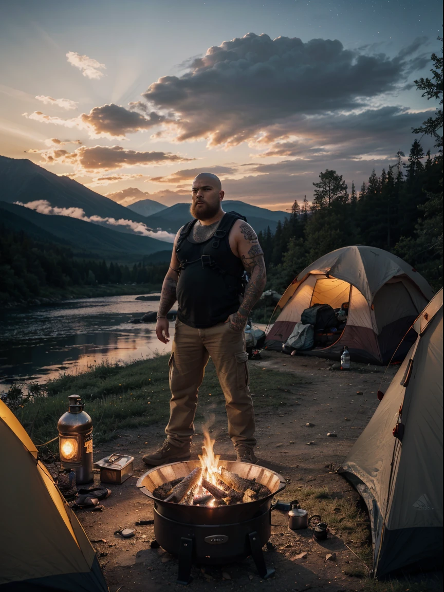 1 man, fat man, ((skin head, tattoos, shaggy-bearded)), cargo pants cold blouse ((full body, angry)), masterpiece, best quality, perfect eyes, perfect hands, perfect legs, ultra-detailed, solo, outdoor, (sunset), mountains, nature, (stars, cloud) backpack, sleeping bag, camping stove, water bottle, gloves, flashlight, forest, stones, river, wood, smoke, shadows, contrast,  style, (warm hue, warm tone: 1.2), cinematic light, side lighting, ultra high resolution, best shade, RAW, wooden house, campfire
