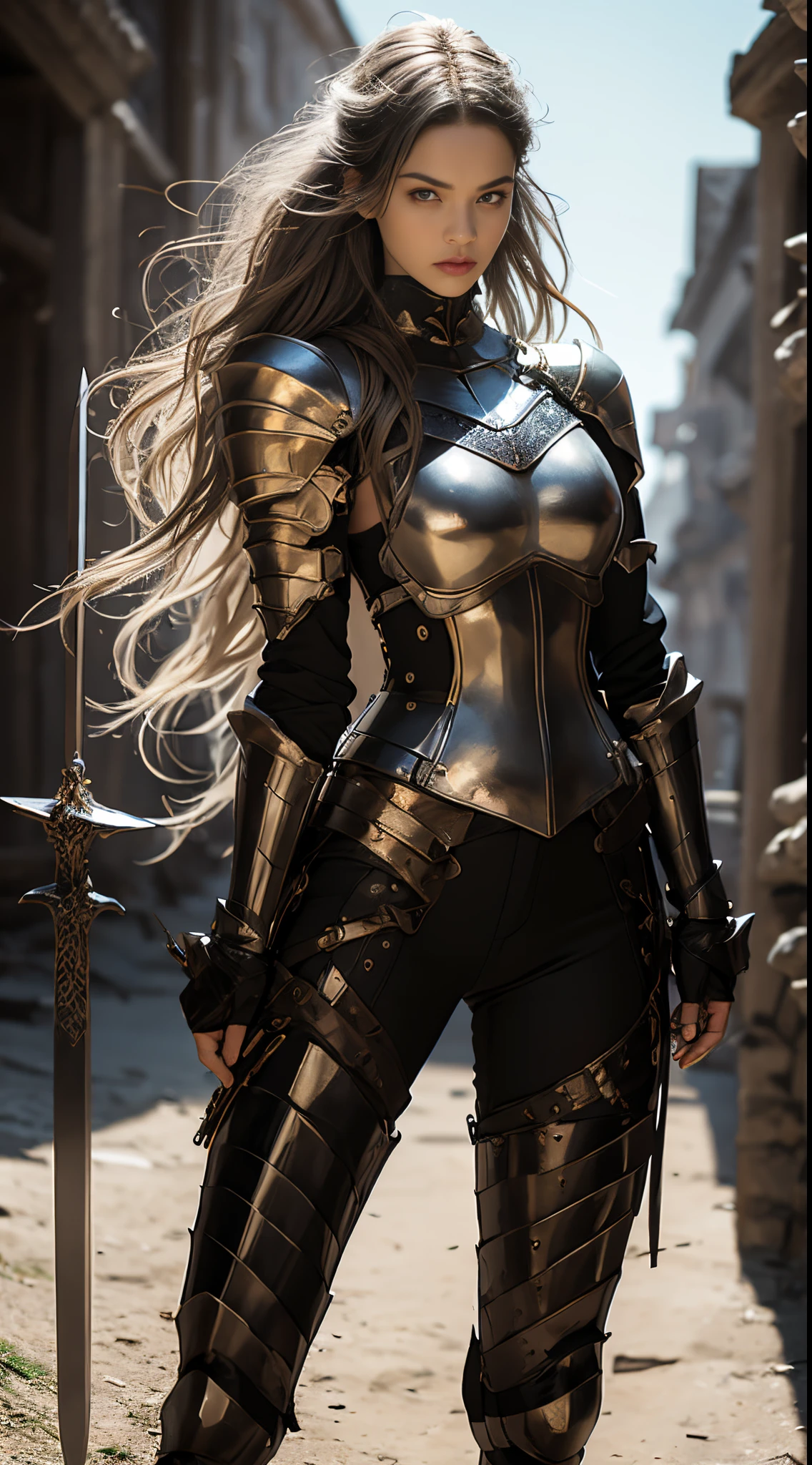 8k, best quality, highres, realistic, real person, A fierce and beautiful female knight with golden hair, wearing shining, form-fitting armor, effortlessly carrying an even larger sword, almost double her height, on her shoulder. Her gaze is sharp and intimidating, as she stands in the midst of besieging an ancient castle. The background shows the old castle under siege.