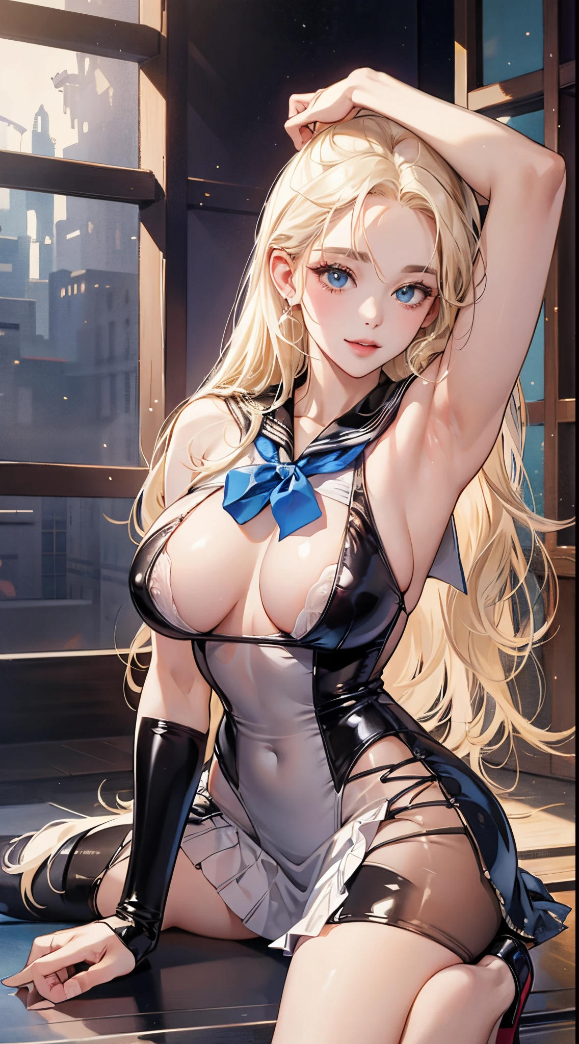top-quality、realistic touch,high-detail、photoRealstic、Long body、skirts that are too short、Sleeveless、captive beauty、big eye、Big breasts that are about to fall out of your clothes、Strong platinum blonde eyelashes、platinum-blonde、Beautie、A sexy、full body Esbian、Sparkling eyes、Submissive smile、Flushed cheeks、Kamimei、thin-waist、Voluptuous thighs、Enraptured look、Raked bangs、The forehead is protruding、See-through clothing、high-heels、 latex clothes、a sailor suit