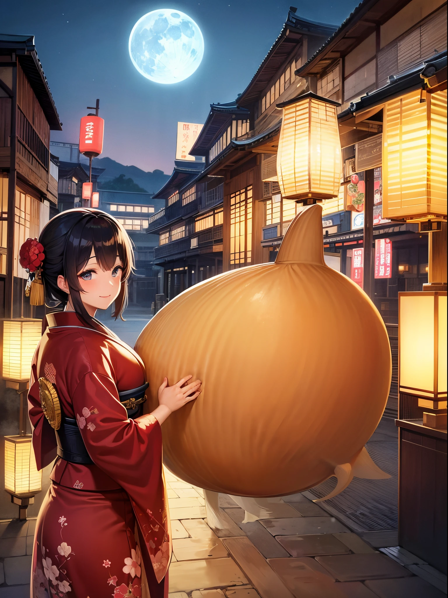 (8K、top-quality、​masterpiece)、Taisho Era、japanese kimono、Beautiful adult woman、Graceful、kyoto street,smile、((Ultra Huge chest :1.3)),Heartful Dance、moon night,ancient beautiful kyoto town,gallerly,