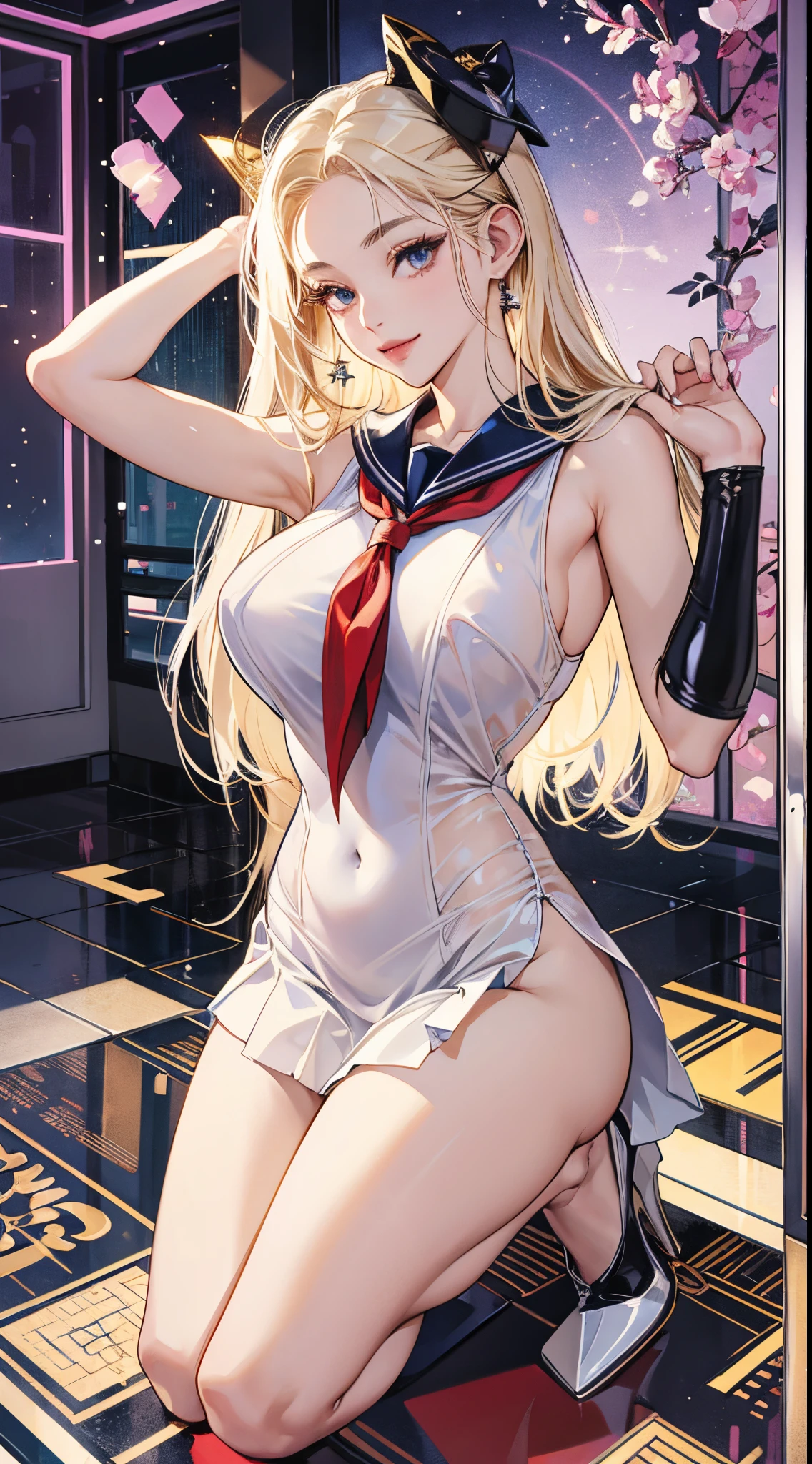 top-quality、realistic touch,high-detail、photoRealstic、Long body、skirts that are too short、Sleeveless、captive beauty、big eye、Big breasts that are about to fall out of your clothes、Strong platinum blonde eyelashes、platinum-blonde、Beautie、A sexy、full body Esbian、Sparkling eyes、Submissive smile、Flushed cheeks、Kamimei、thin-waist、Voluptuous thighs、Enraptured look、Raked bangs、The forehead is protruding、See-through clothing、high-heels、 latex clothes、a sailor suit